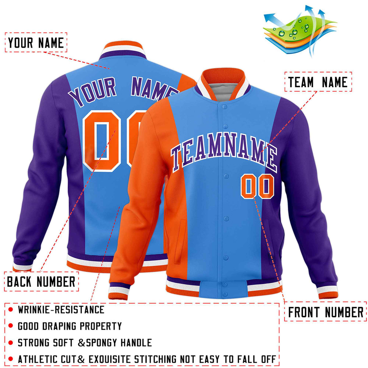 Custom Powder Blue Orange Purple Personalization Varsity Full-Snap Three Color Blocks Letterman Jacket