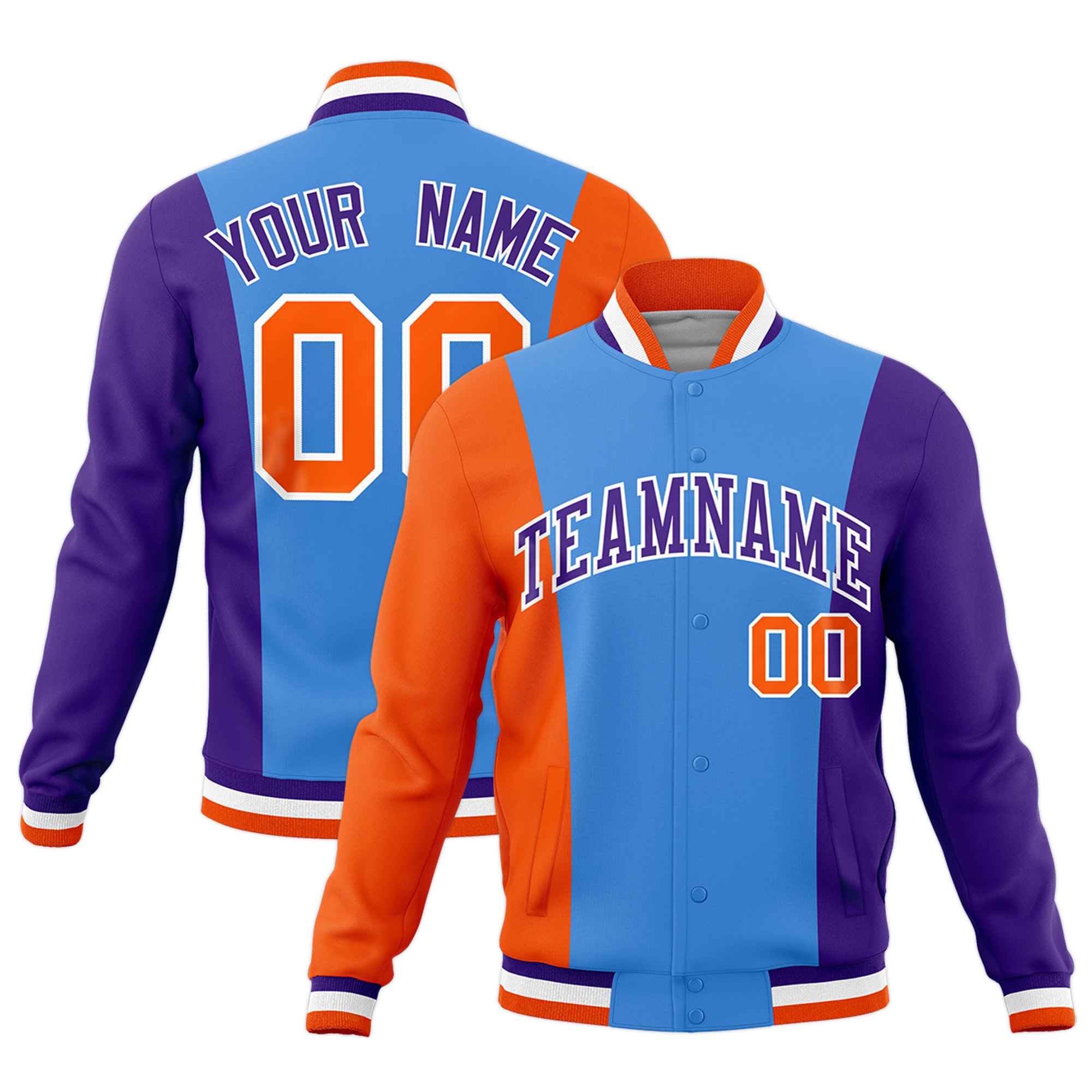 Custom Powder Blue Orange Purple Personalization Varsity Full-Snap Three Color Blocks Letterman Jacket