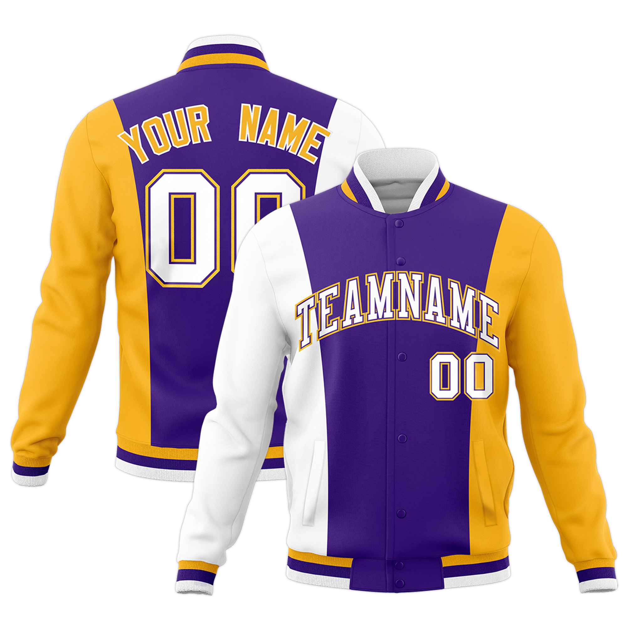 Custom Purple White Yellow Personalization Varsity Full-Snap Three Color Blocks Letterman Jacket