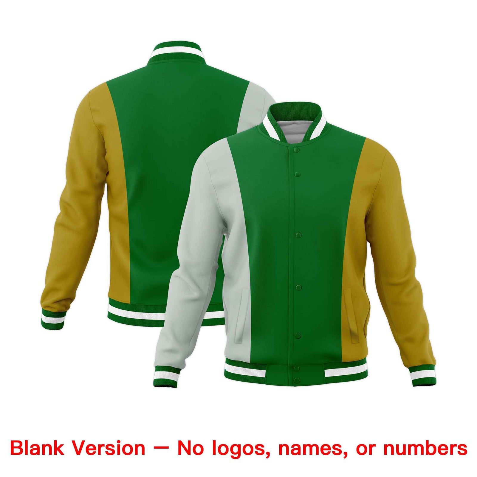 Custom Kelly Green Gray Old Gold Personalization Varsity Full-Snap Three Color Blocks Letterman Jacket