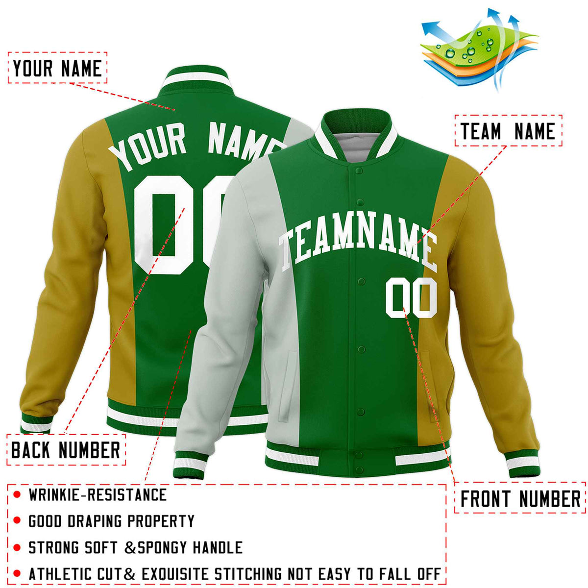 Custom Kelly Green Gray Old Gold Personalization Varsity Full-Snap Three Color Blocks Letterman Jacket