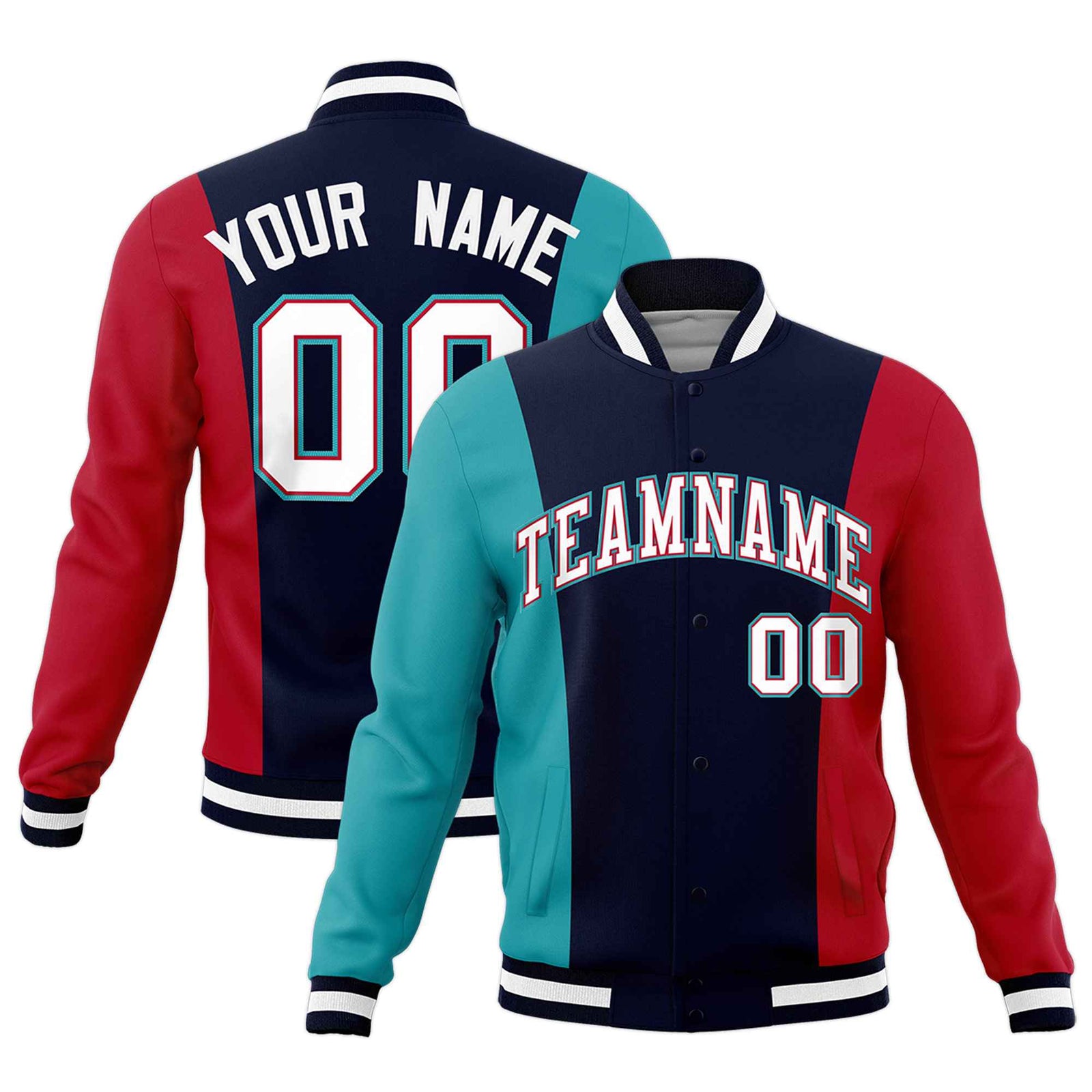 Custom Navy Aqua Red Personalization Varsity Full-Snap Three Color Blocks Letterman Jacket