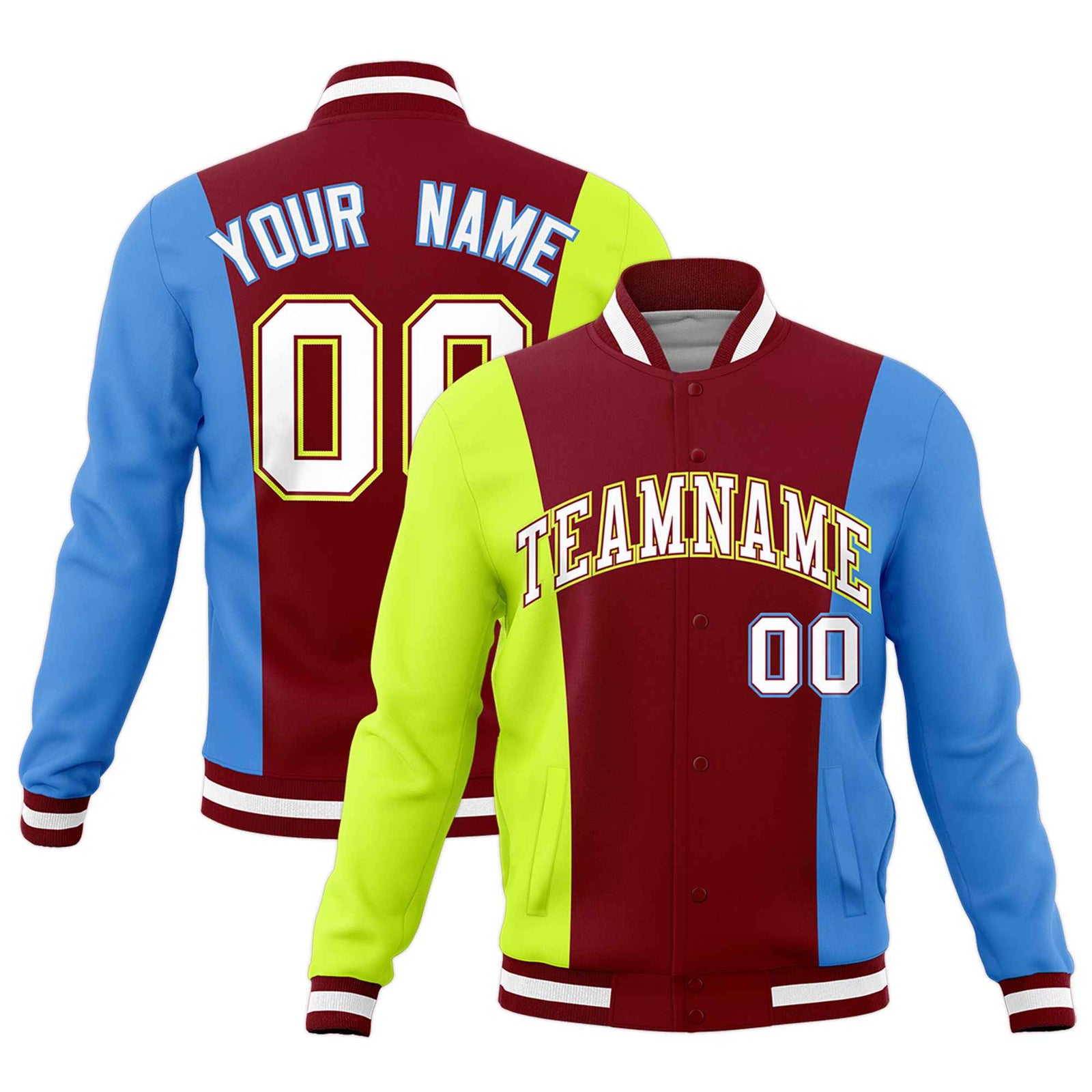 Custom Crimson Fluorescent Green Powder Blue Personalization Varsity Full-Snap Three Color Blocks Letterman Jacket