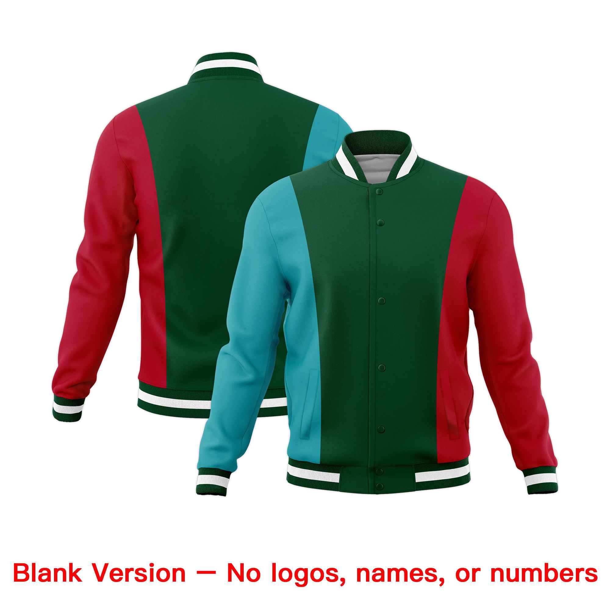 Custom Green Aqua Red Personalization Varsity Full-Snap Three Color Blocks Letterman Jacket