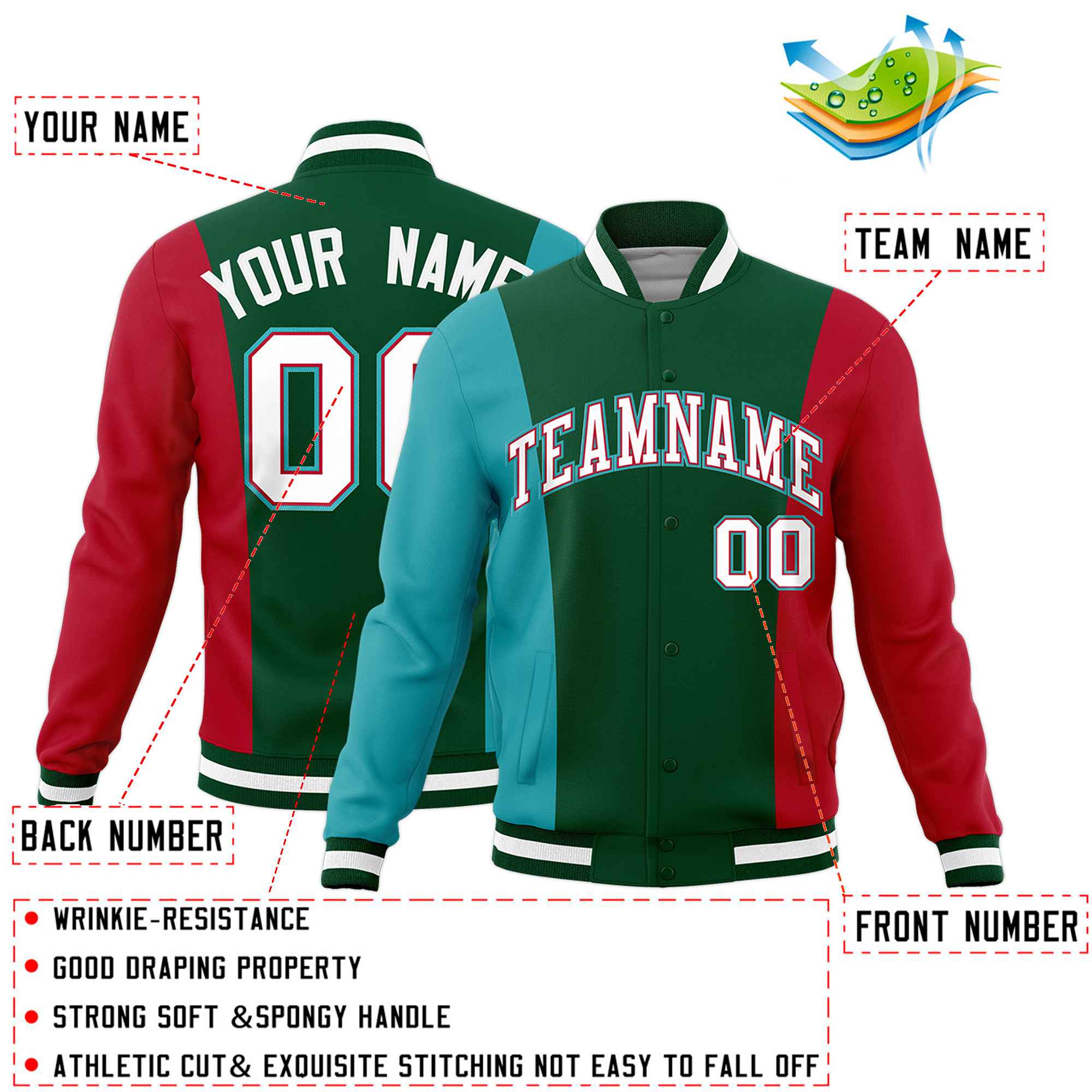 Custom Green Aqua Red Personalization Varsity Full-Snap Three Color Blocks Letterman Jacket