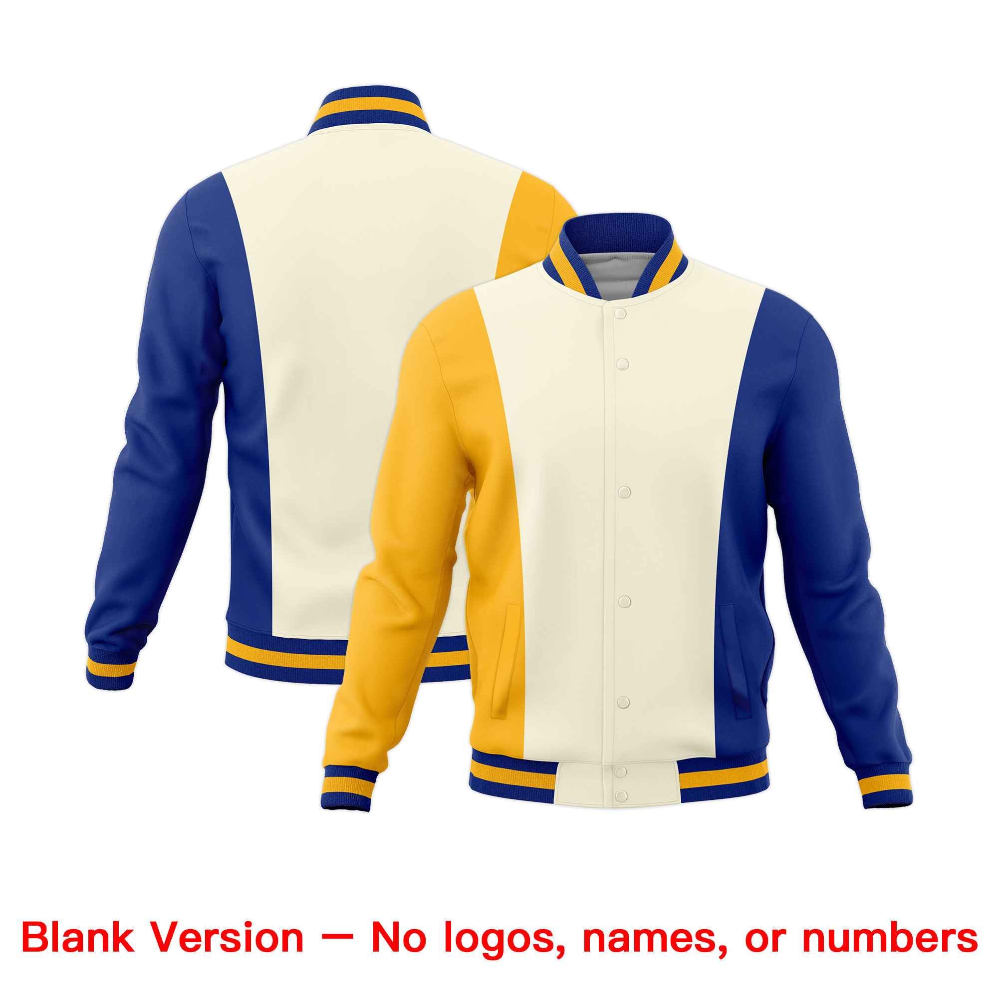 Custom Yellow Cream Royal Blue Personalization Varsity Full-Snap Three Color Blocks Letterman Jacket