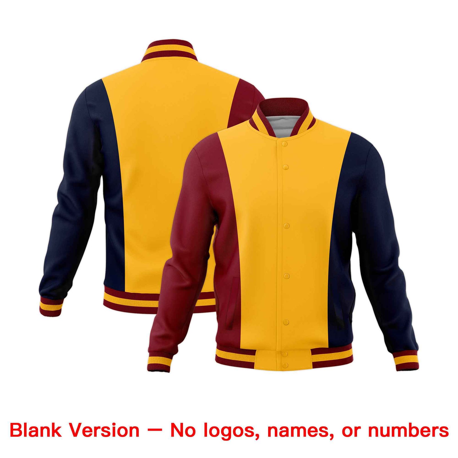 Custom Yellow Crimson Navy Personalization Varsity Full-Snap Three Color Blocks Letterman Jacket