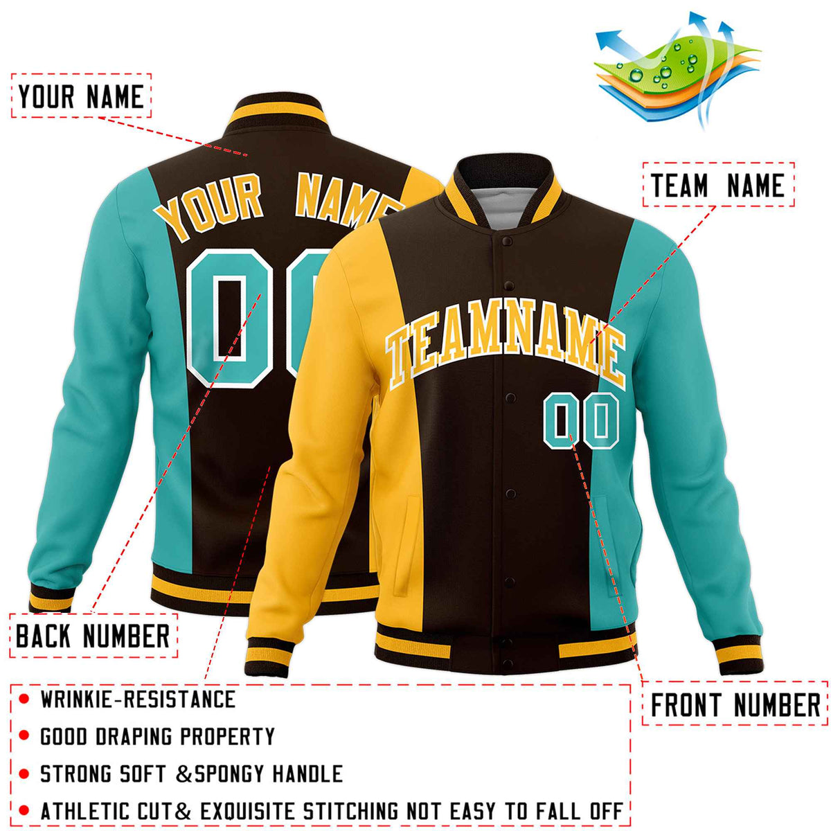 Custom Brown Yellow Teal Personalization Varsity Full-Snap Three Color Blocks Letterman Jacket