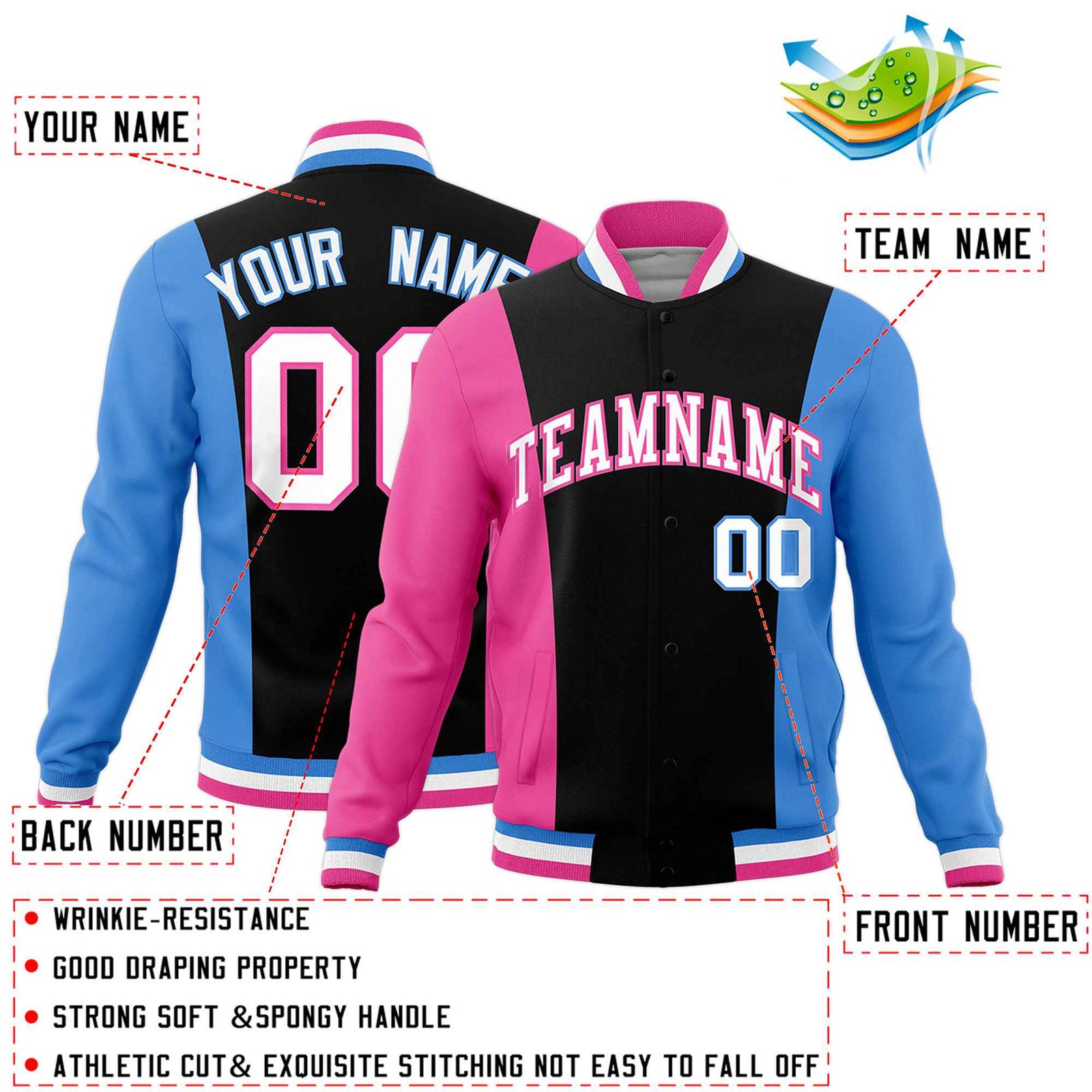 Custom Black Pink Powder Blue Personalization Varsity Full-Snap Three Color Blocks Letterman Jacket