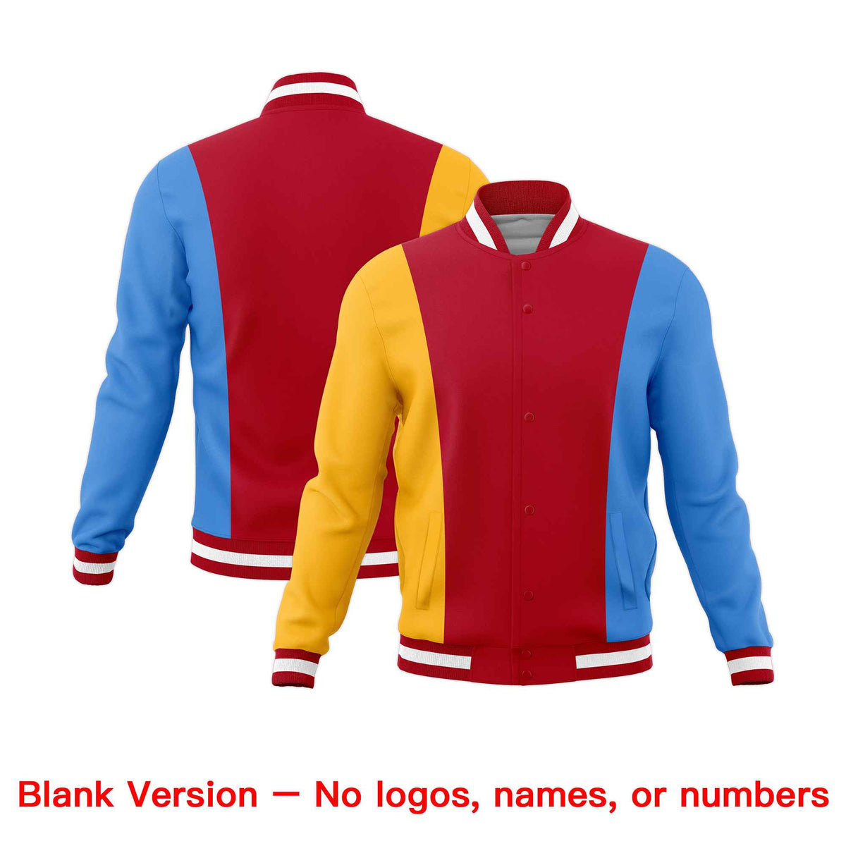 Custom Red Yellow Powder Blue Personalization Varsity Full-Snap Three Color Blocks Letterman Jacket