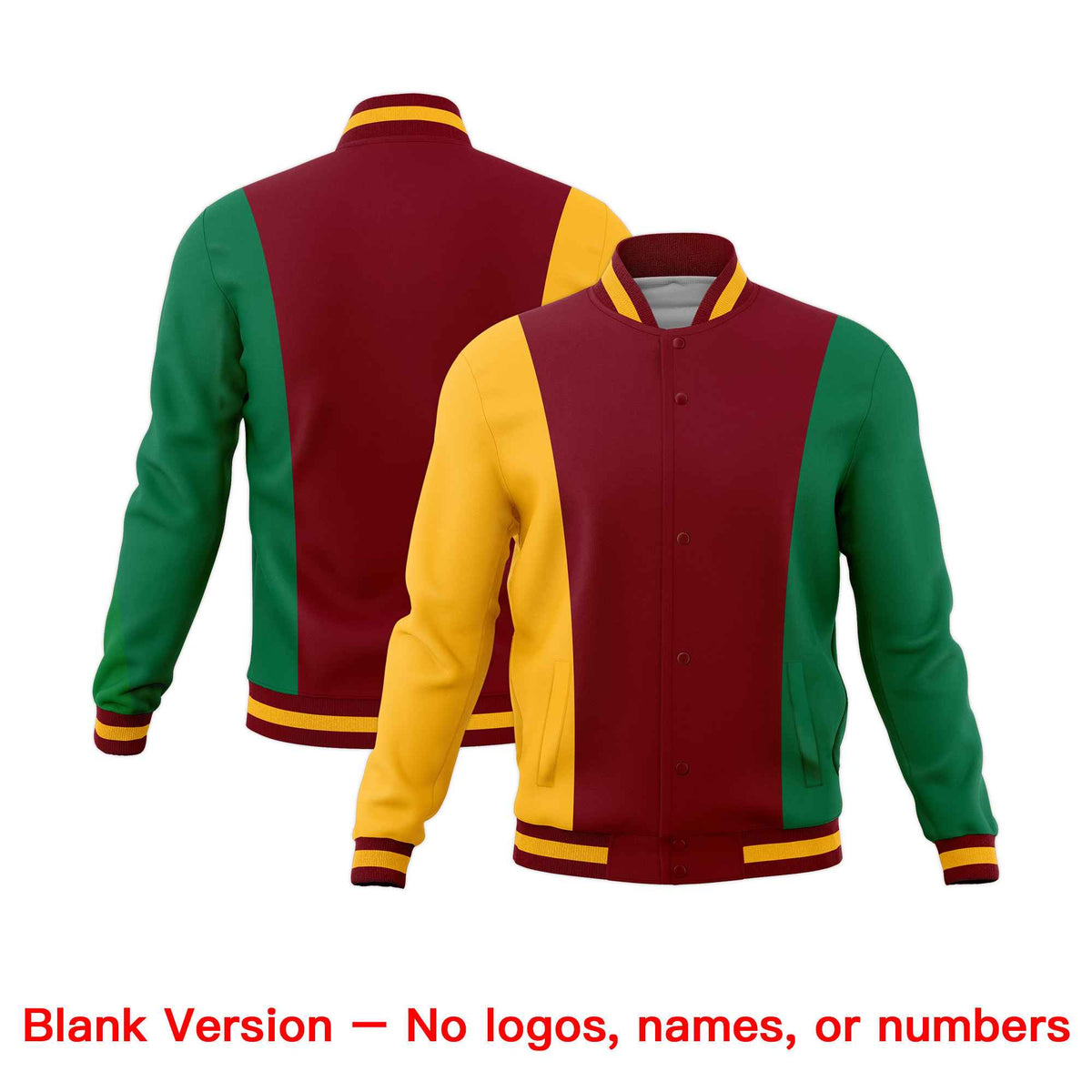 Custom Crimson Yellow Kelly Green Personalization Varsity Full-Snap Three Color Blocks Letterman Jacket