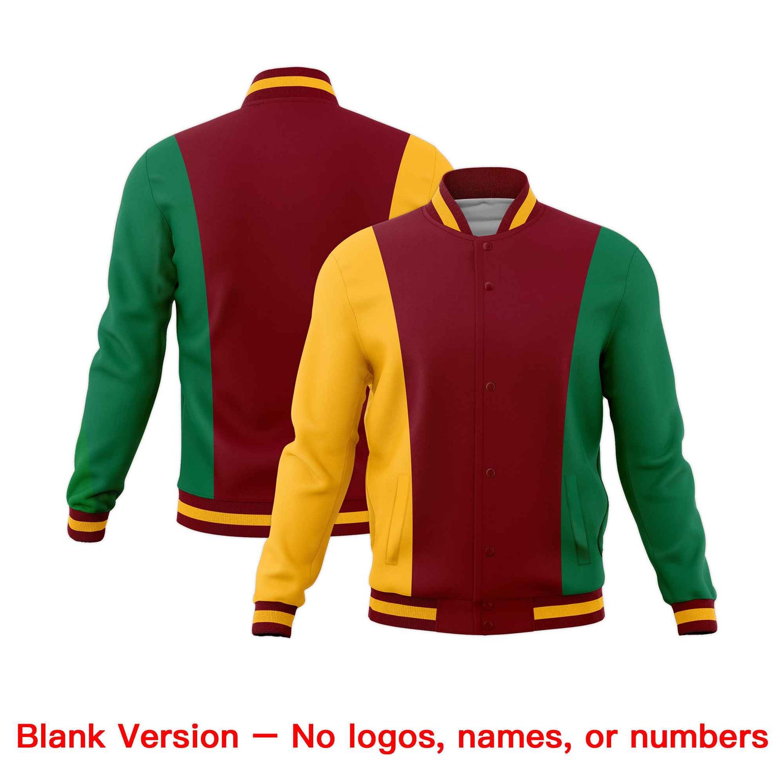 Custom Crimson Yellow Kelly Green Personalization Varsity Full-Snap Three Color Blocks Letterman Jacket