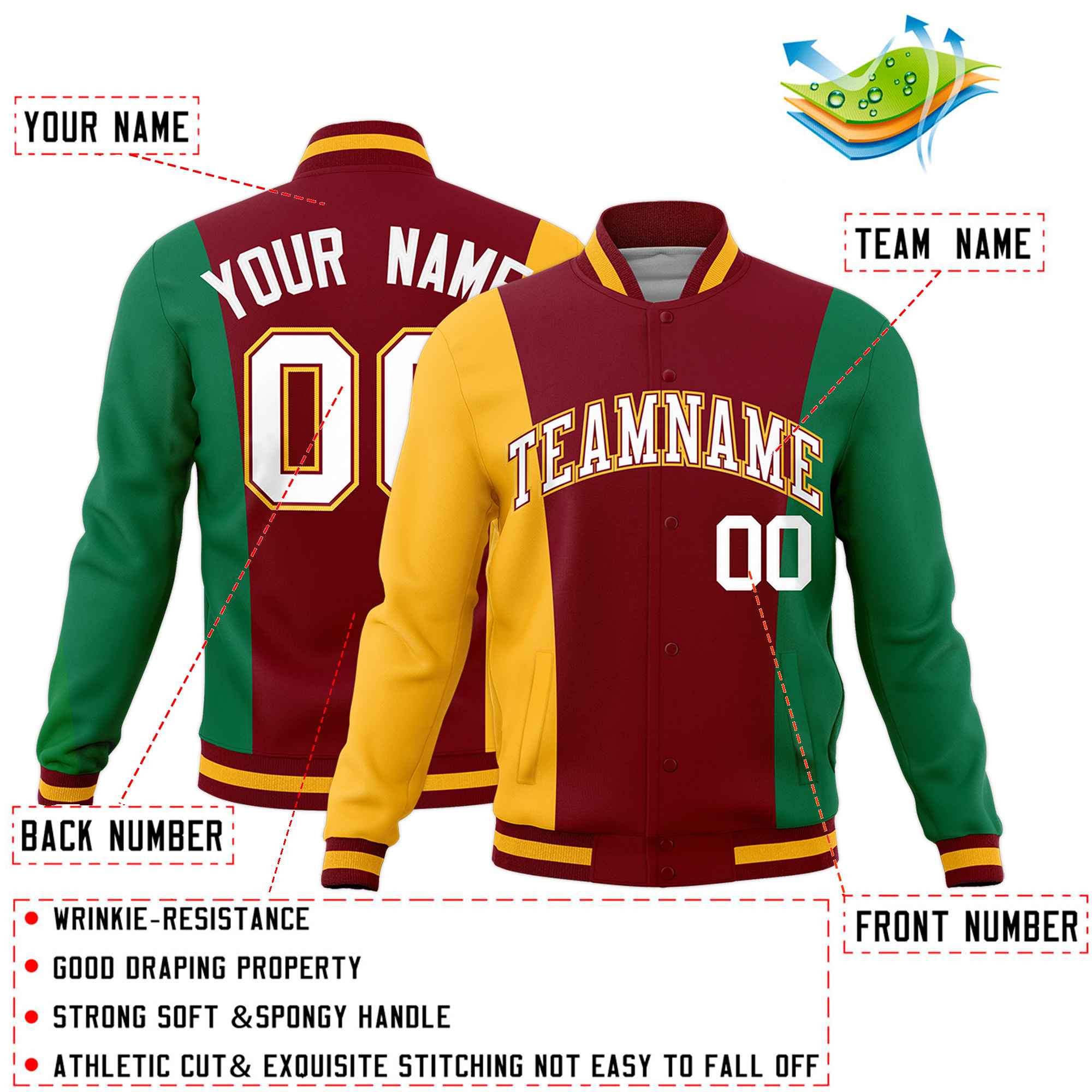 Custom Crimson Yellow Kelly Green Personalization Varsity Full-Snap Three Color Blocks Letterman Jacket