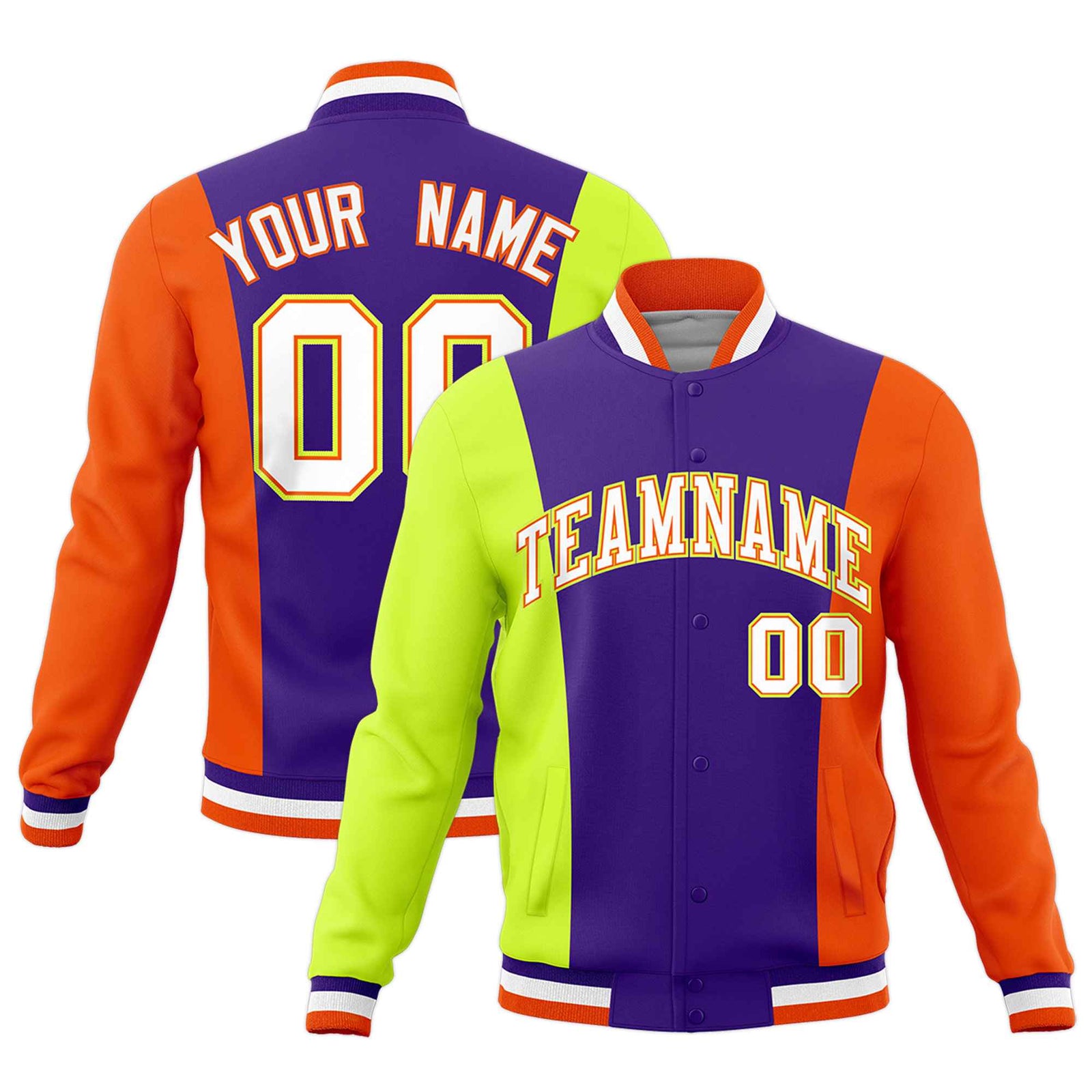 Custom Purple Fluorescent Green Yellow Personalization Varsity Full-Snap Three Color Blocks Letterman Jacket
