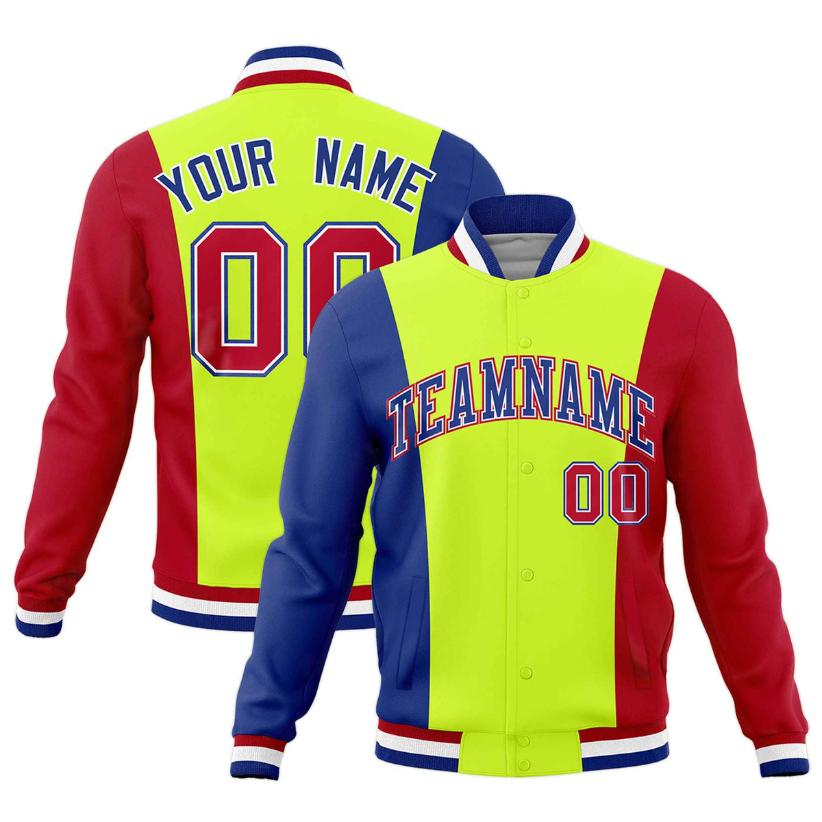 Custom Fluorescent Green Royal Blue Red Personalization Varsity Full-Snap Three Color Blocks Letterman Jacket