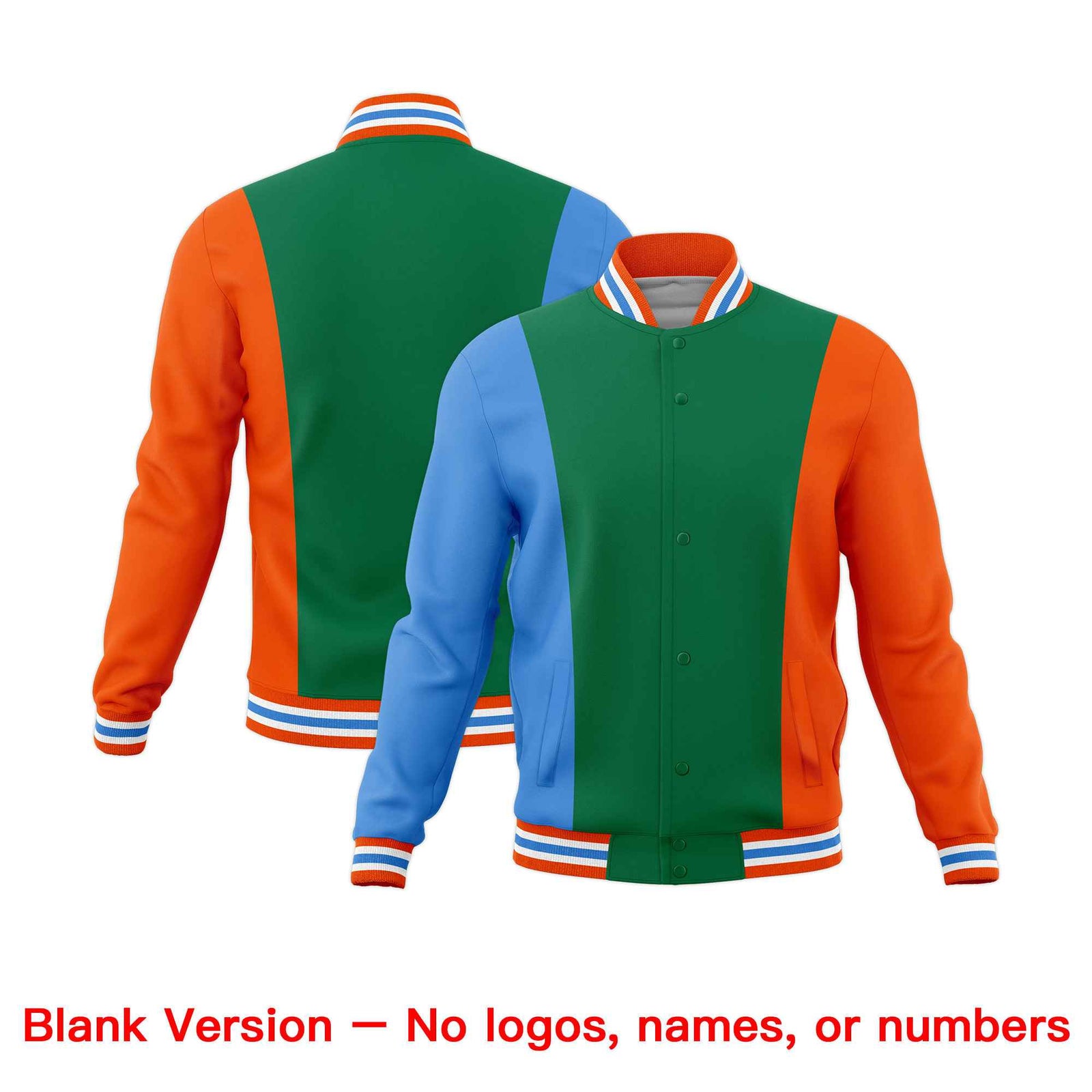Custom Kelly Green Powder Blue Orange Personalization Varsity Full-Snap Three Color Blocks Letterman Jacket