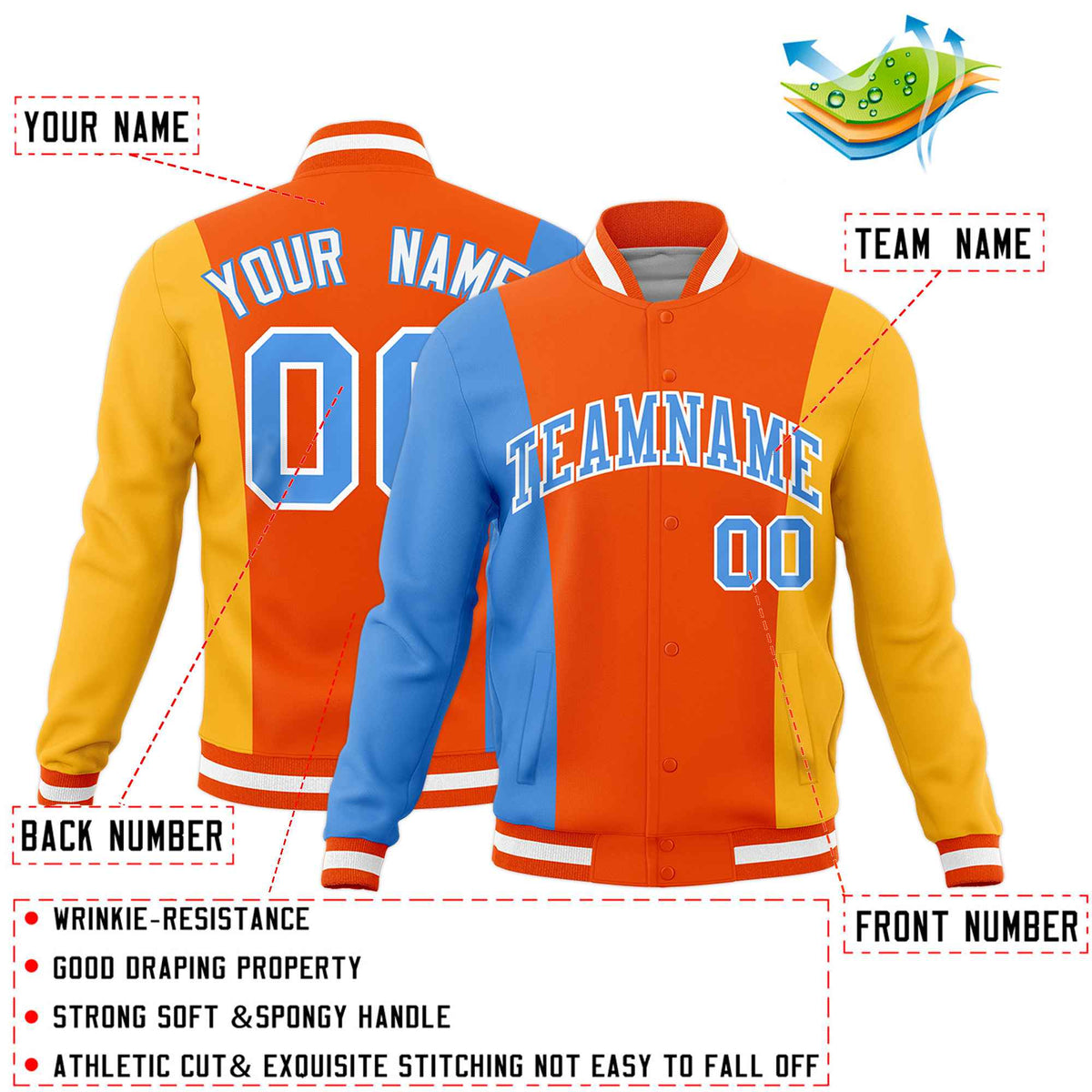Custom Powder Blue Orange Yellow Personalization Varsity Full-Snap Three Color Blocks Letterman Jacket