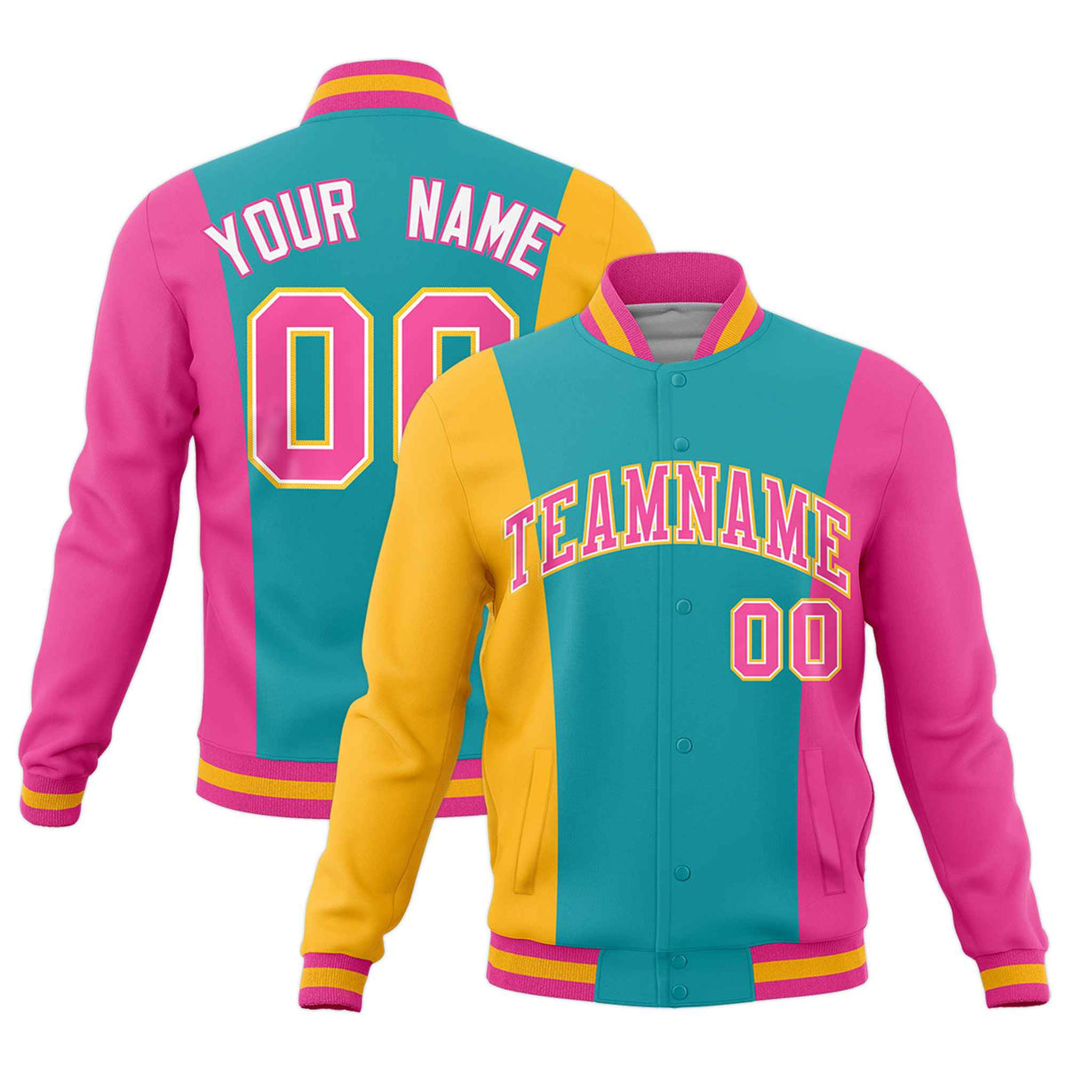 Custom Aqua Yellow Pink Personalization Varsity Full-Snap Three Color Blocks Letterman Jacket