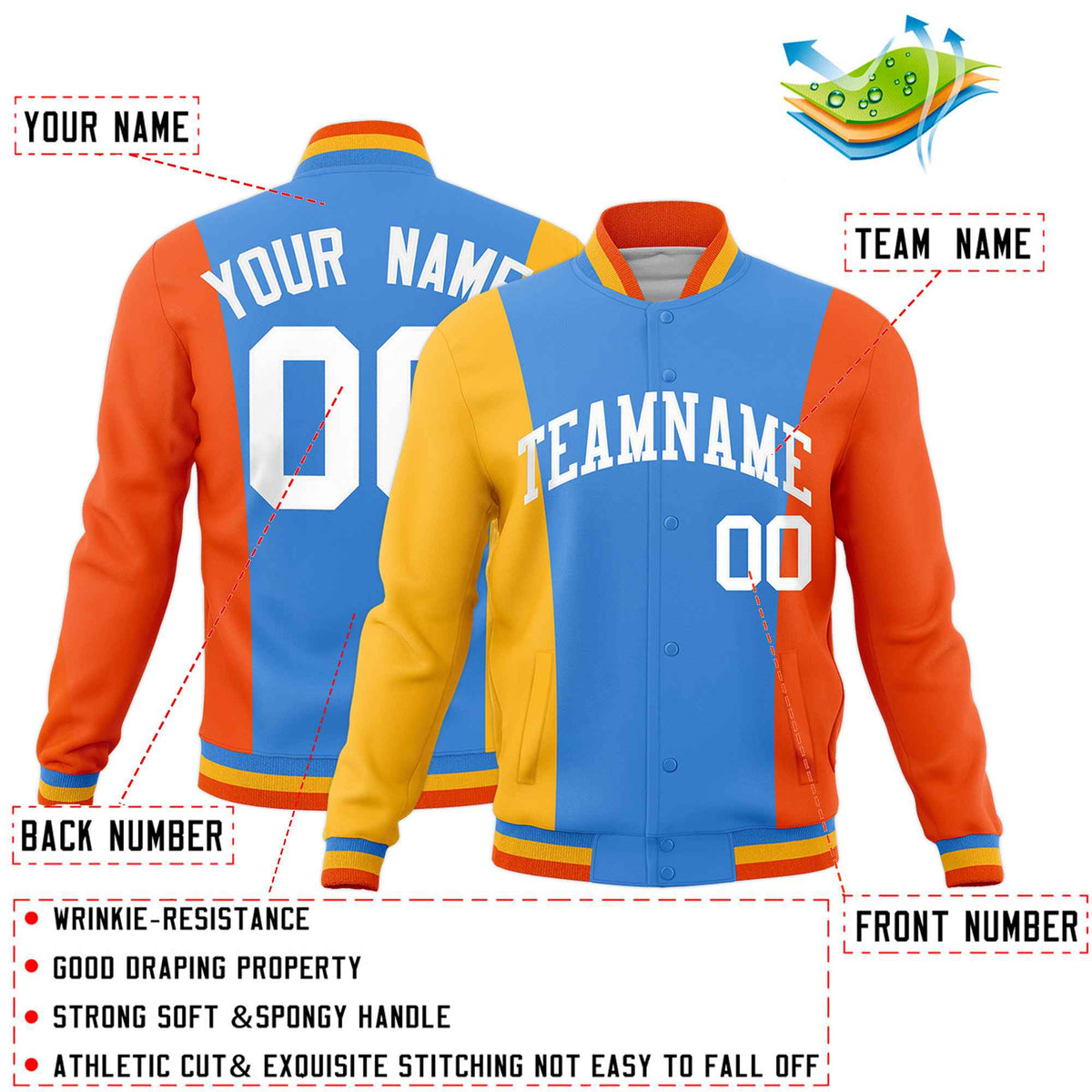 Custom Powder Blue Yellow Orange Personalization Varsity Full-Snap Three Color Blocks Letterman Jacket