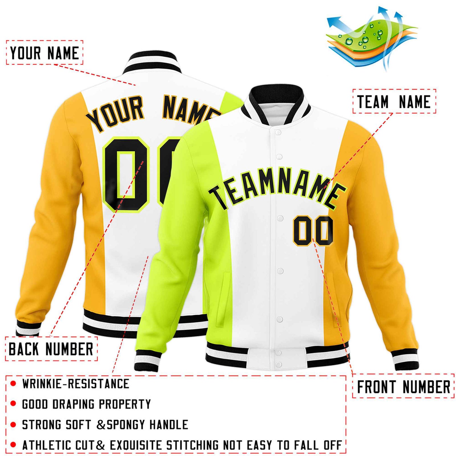 Custom White Fluorescent Green Yellow Personalization Varsity Full-Snap Three Color Blocks Letterman Jacket
