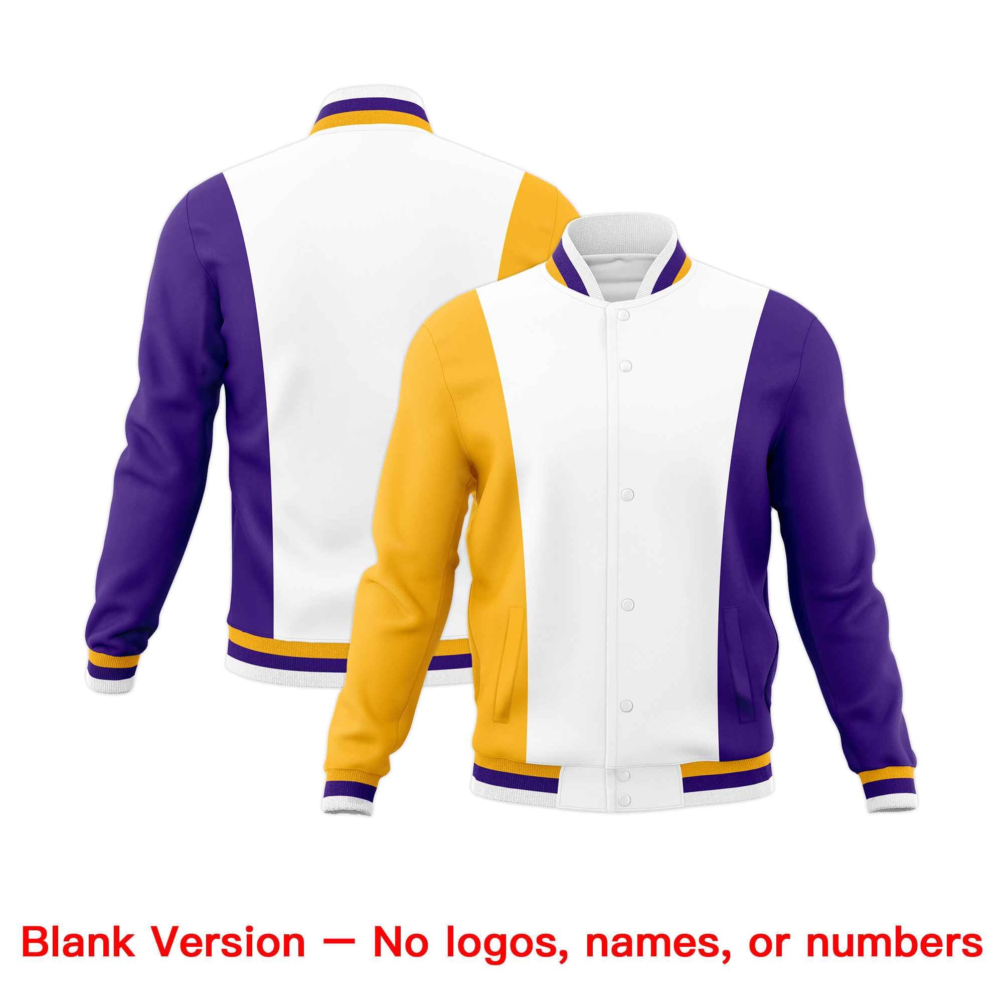Custom White Yellow Purple Personalization Varsity Full-Snap Three Color Blocks Letterman Jacket