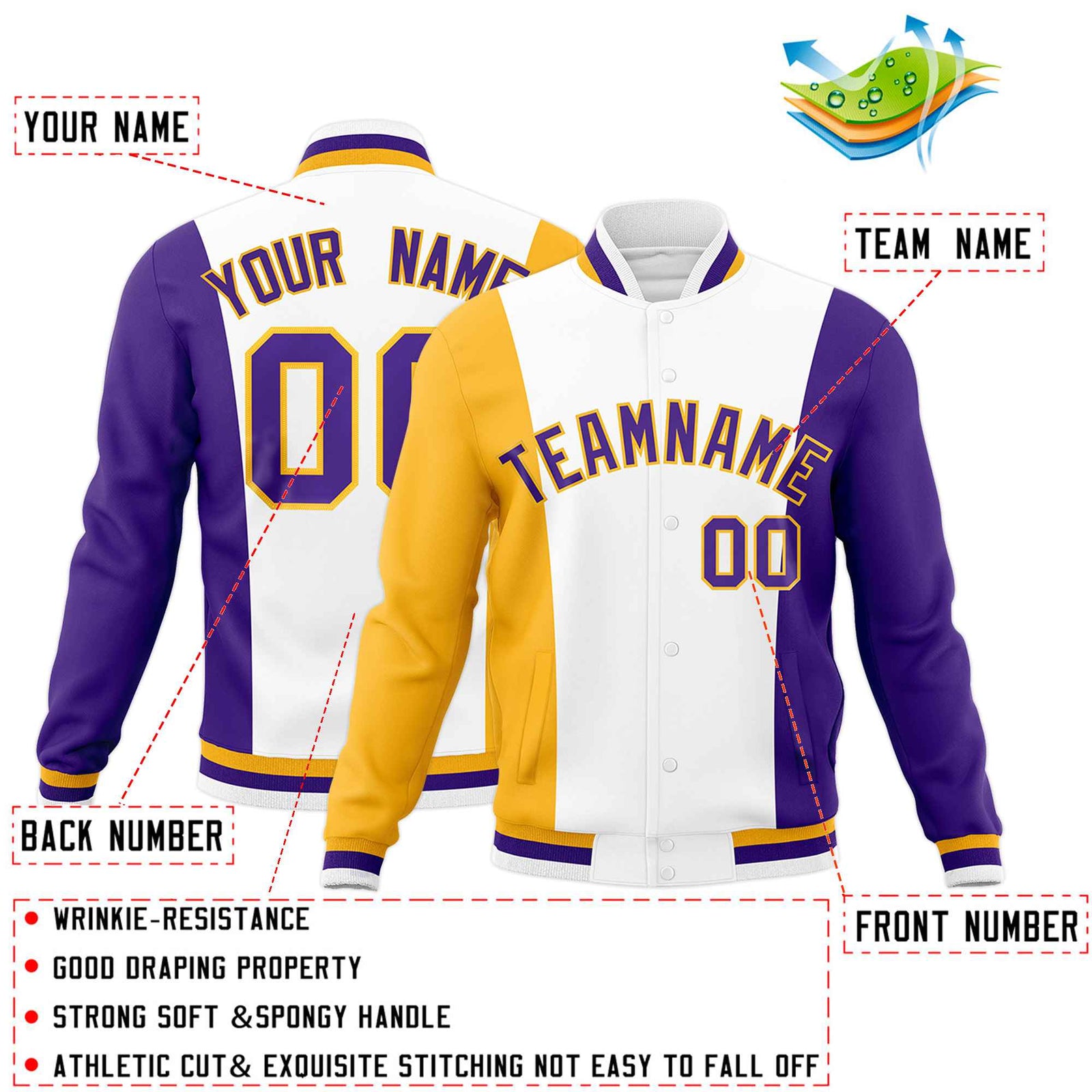 Custom White Yellow Purple Personalization Varsity Full-Snap Three Color Blocks Letterman Jacket