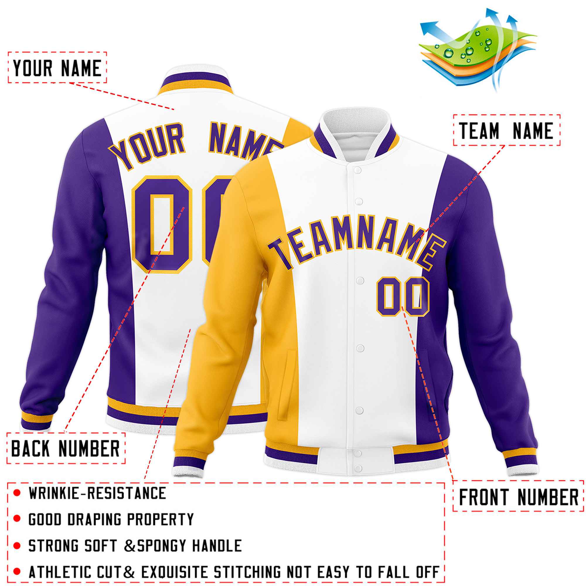 Custom White Yellow Purple Personalization Varsity Full-Snap Three Color Blocks Letterman Jacket