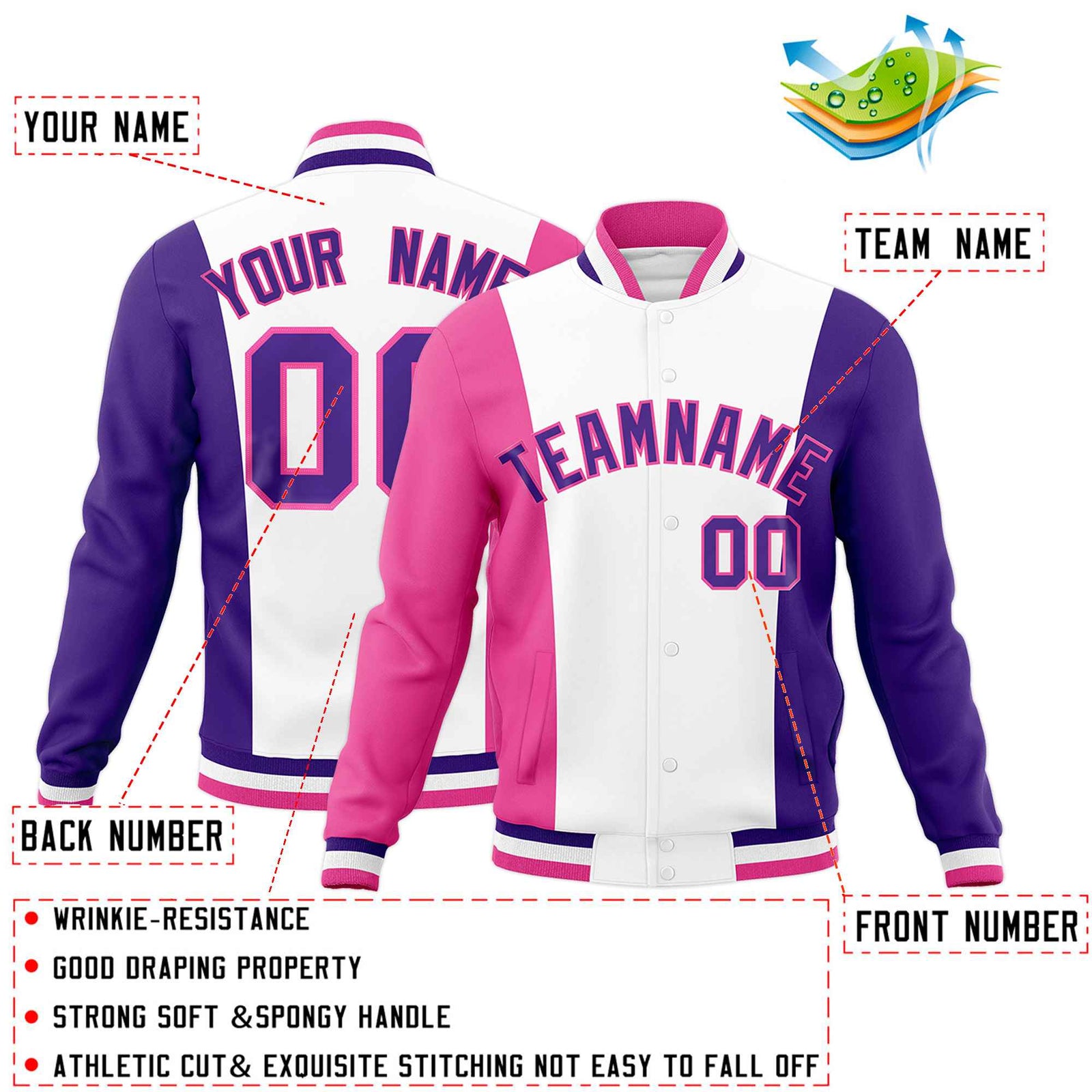 Custom White Pink Purple Personalization Varsity Full-Snap Three Color Blocks Letterman Jacket