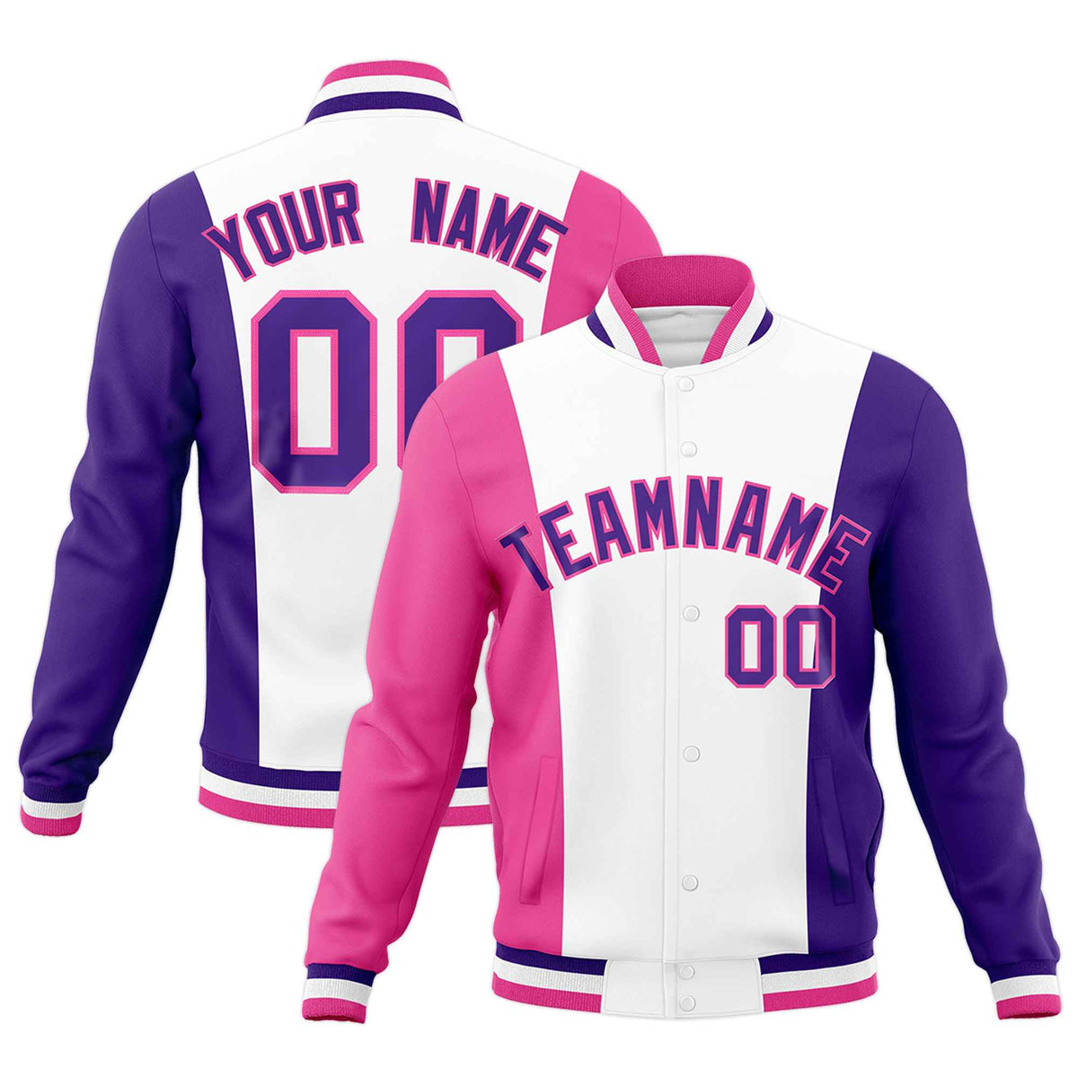Custom White Pink Purple Personalization Varsity Full-Snap Three Color Blocks Letterman Jacket