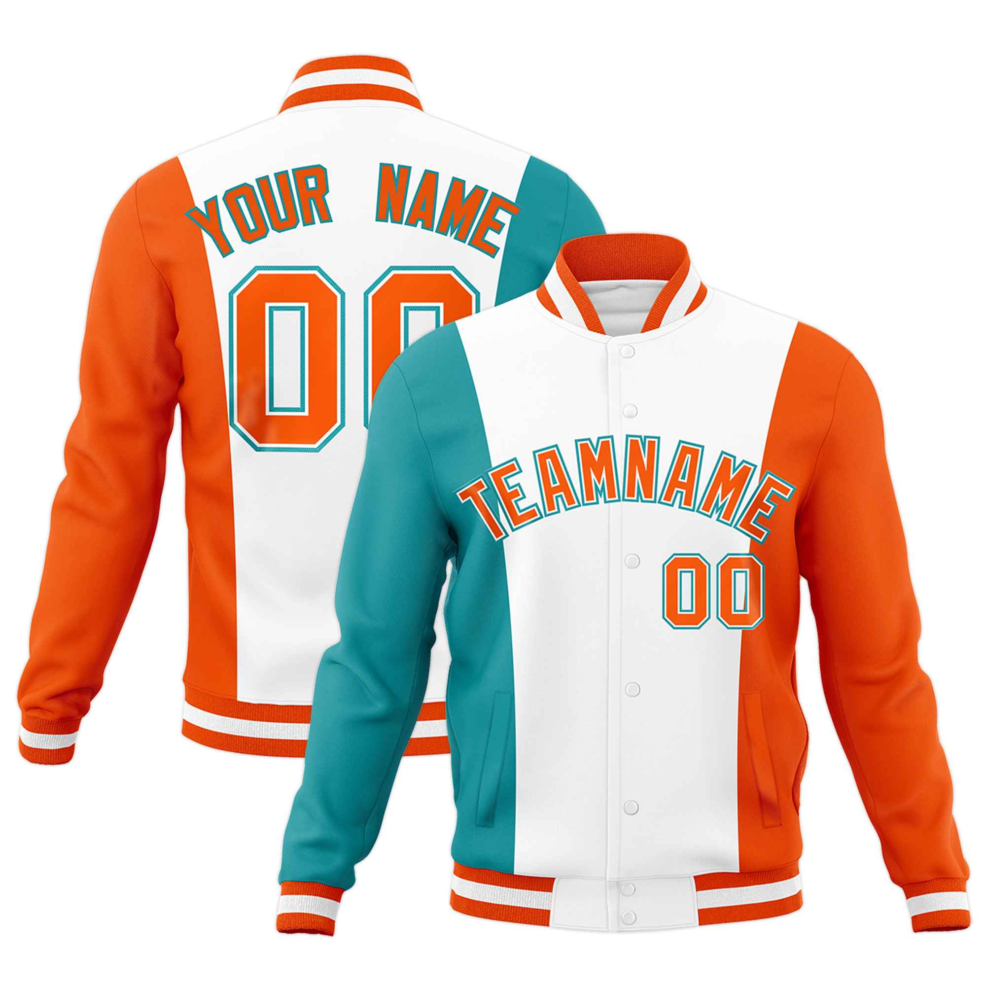 Custom White Aqua Orange Personalization Varsity Full-Snap Three Color Blocks Letterman Jacket