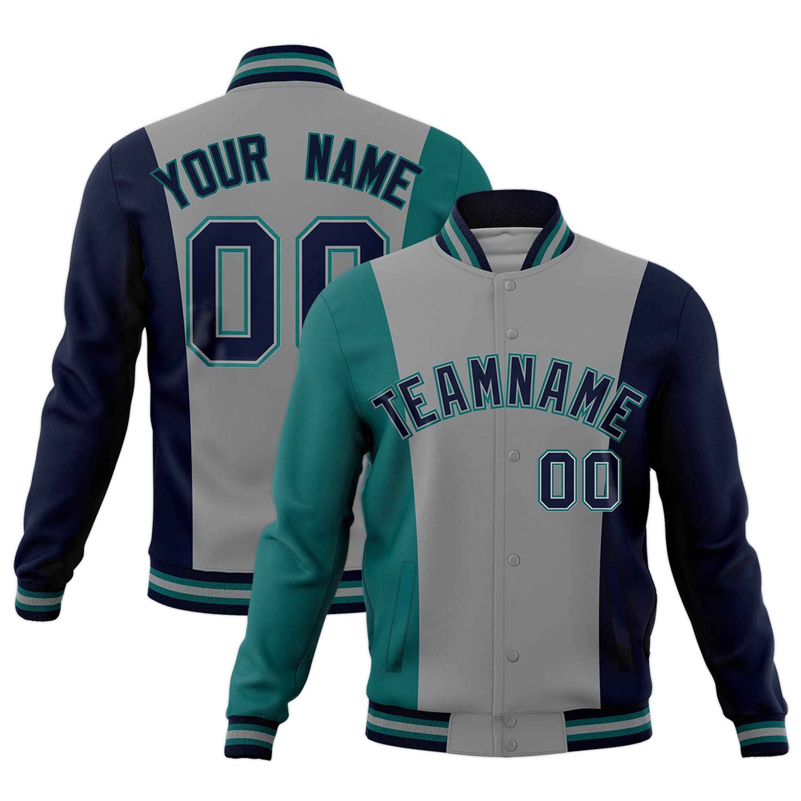 Custom Gray Teal Navy Personalization Varsity Full-Snap Three Color Blocks Letterman Jacket