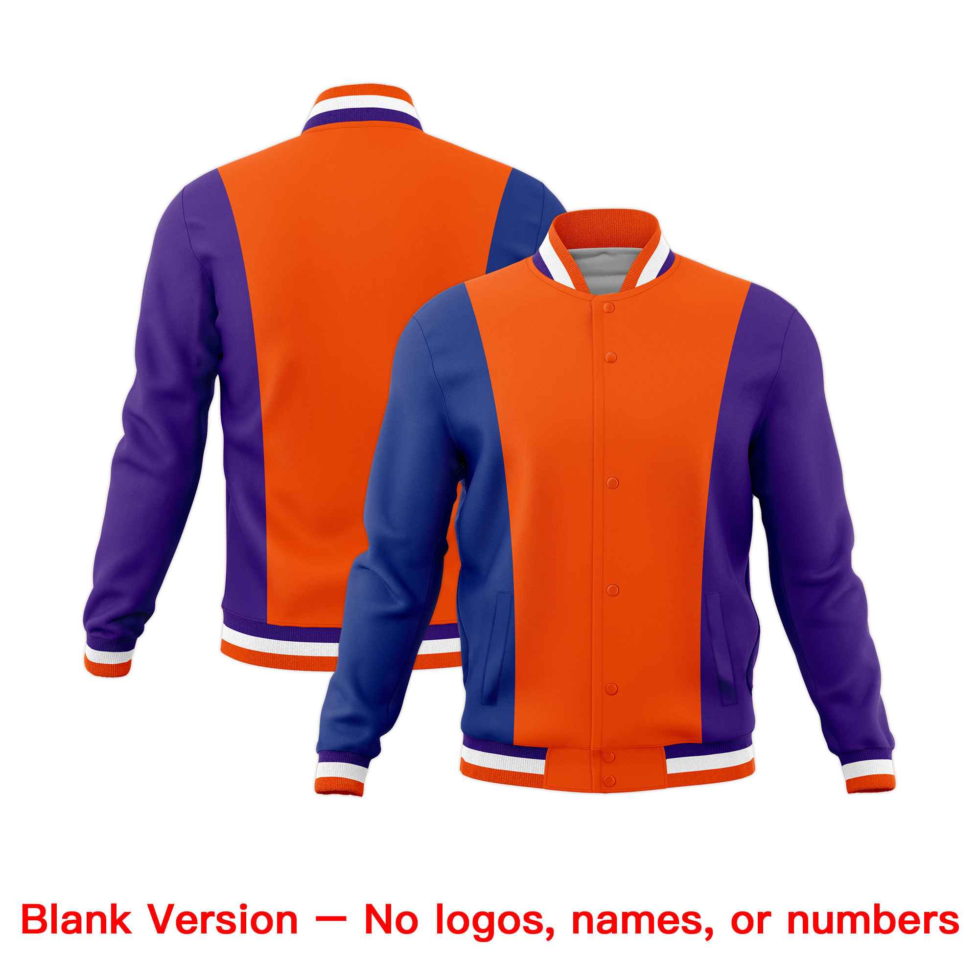 Custom Orange Royal Blue Purple Personalization Varsity Full-Snap Three Color Blocks Letterman Jacket