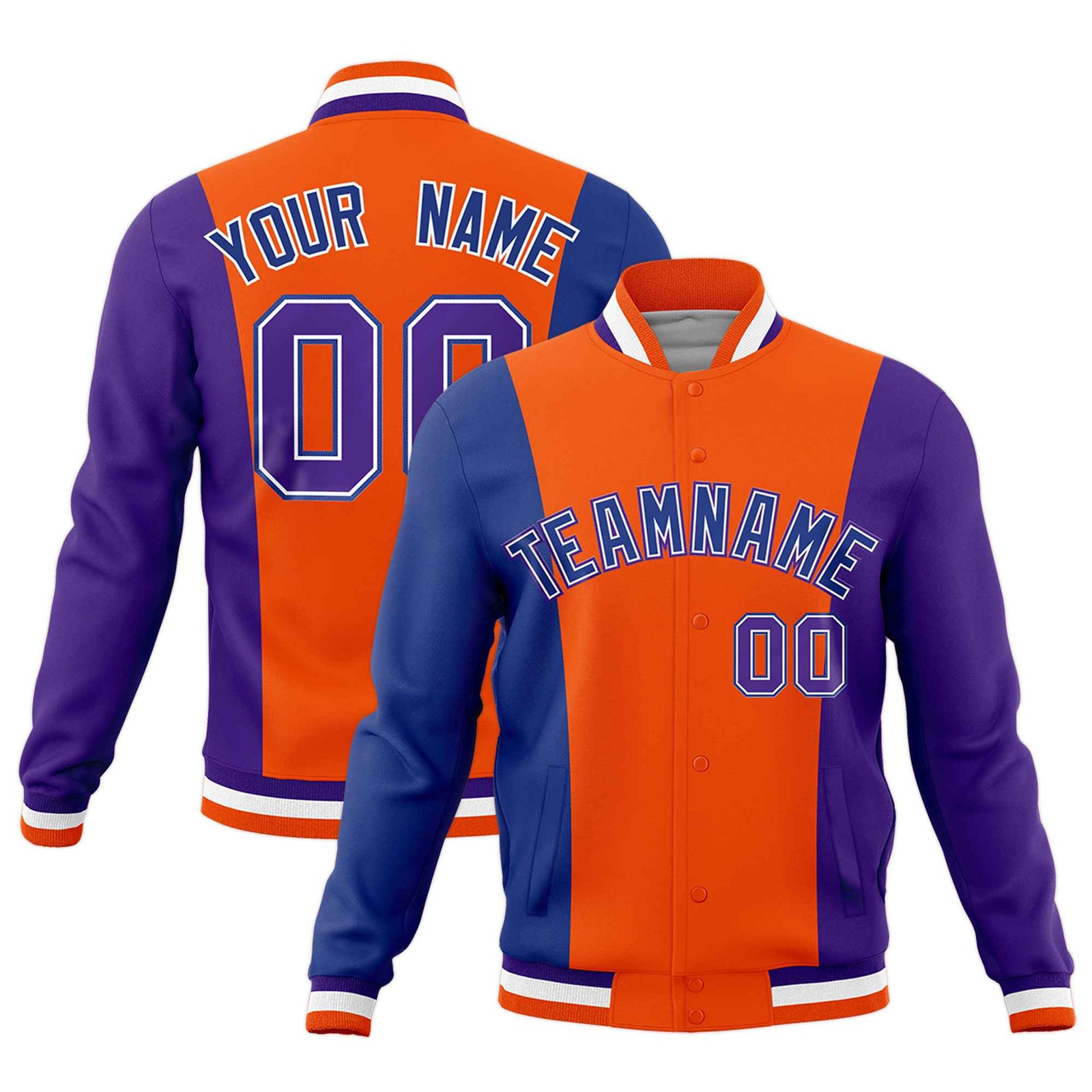 Custom Orange Royal Blue Purple Personalization Varsity Full-Snap Three Color Blocks Letterman Jacket