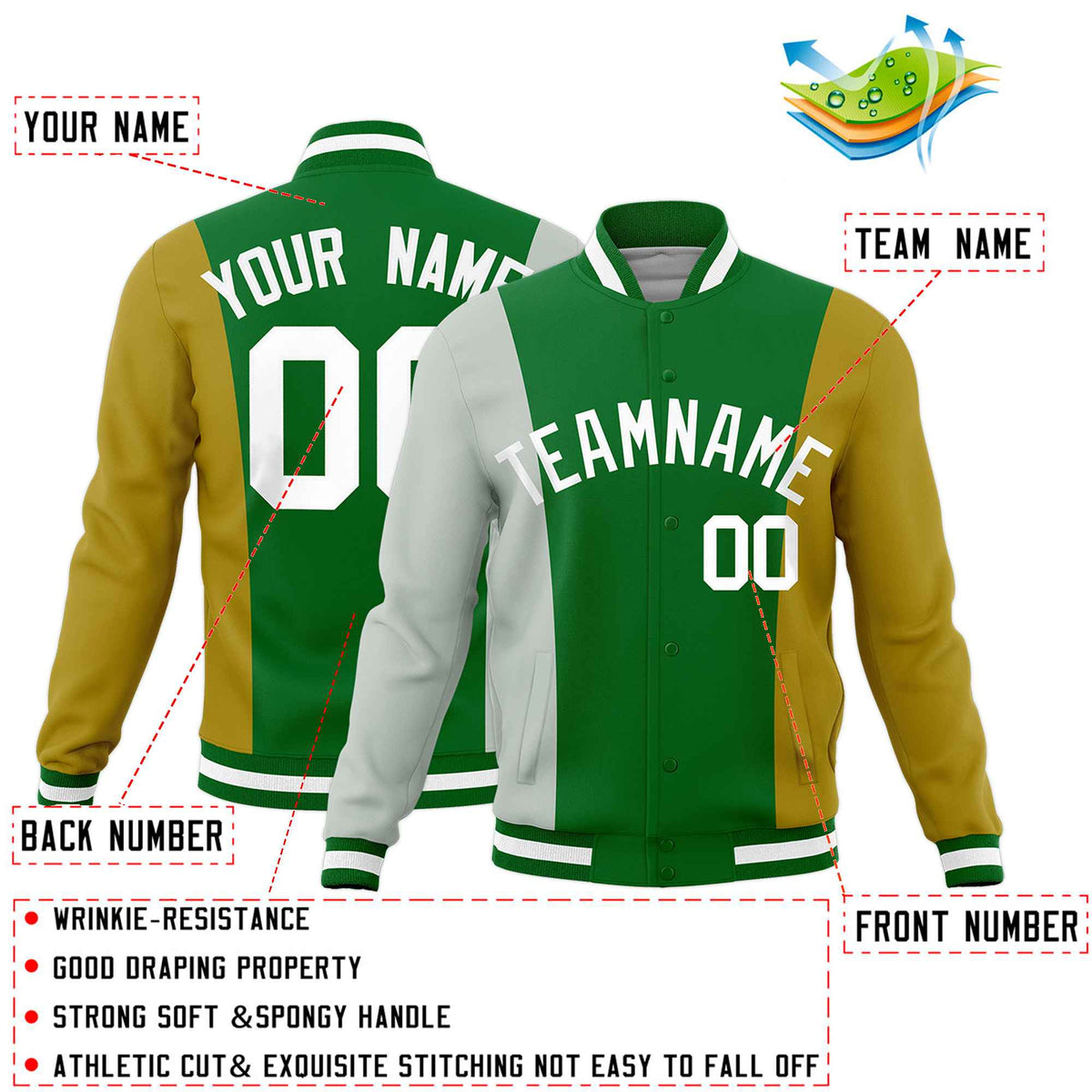 Custom Kelly Green Gray Old Gold Personalization Varsity Full-Snap Three Color Blocks Letterman Jacket