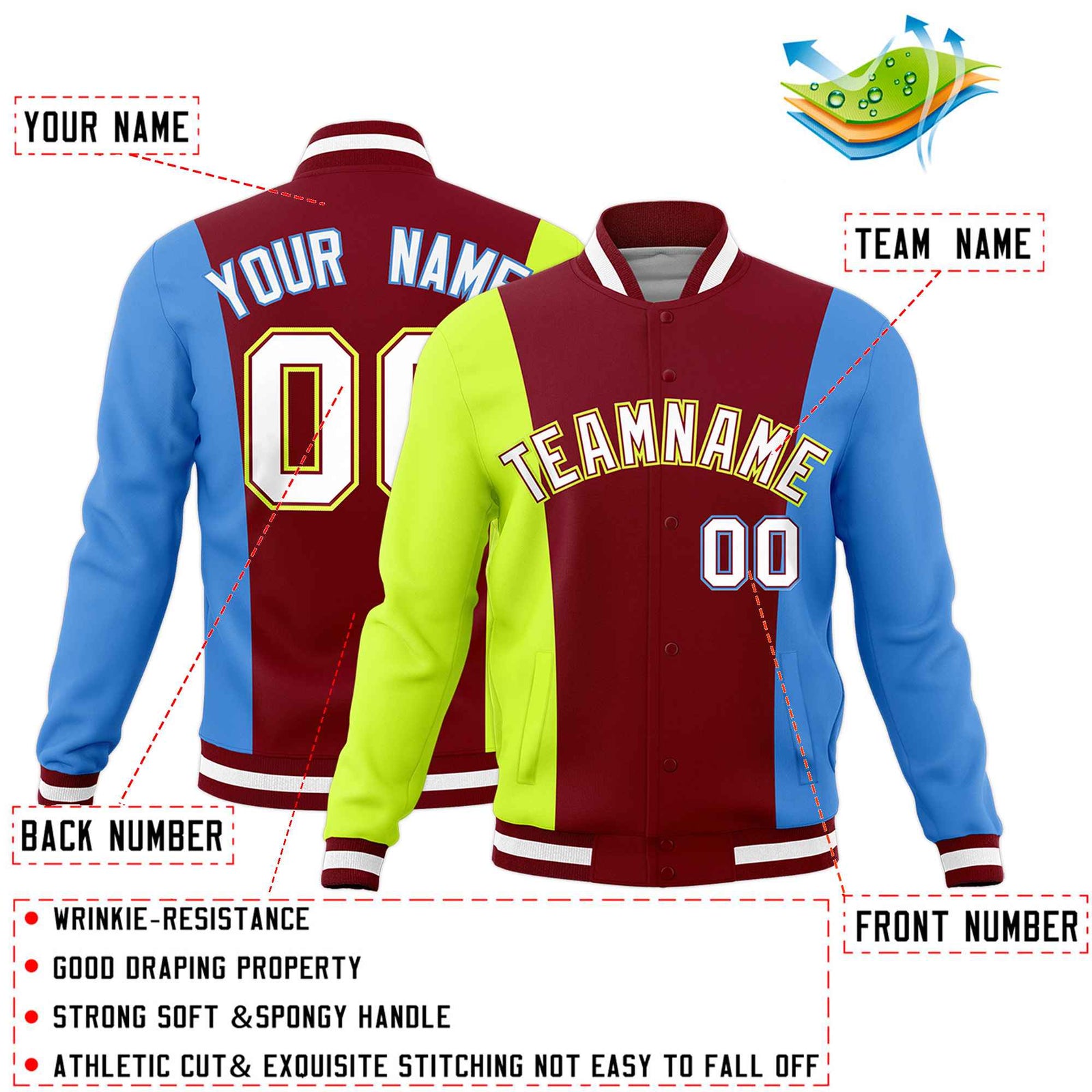 Custom Crimson Fluorescent Green Powder Blue Personalization Varsity Full-Snap Three Color Blocks Letterman Jacket