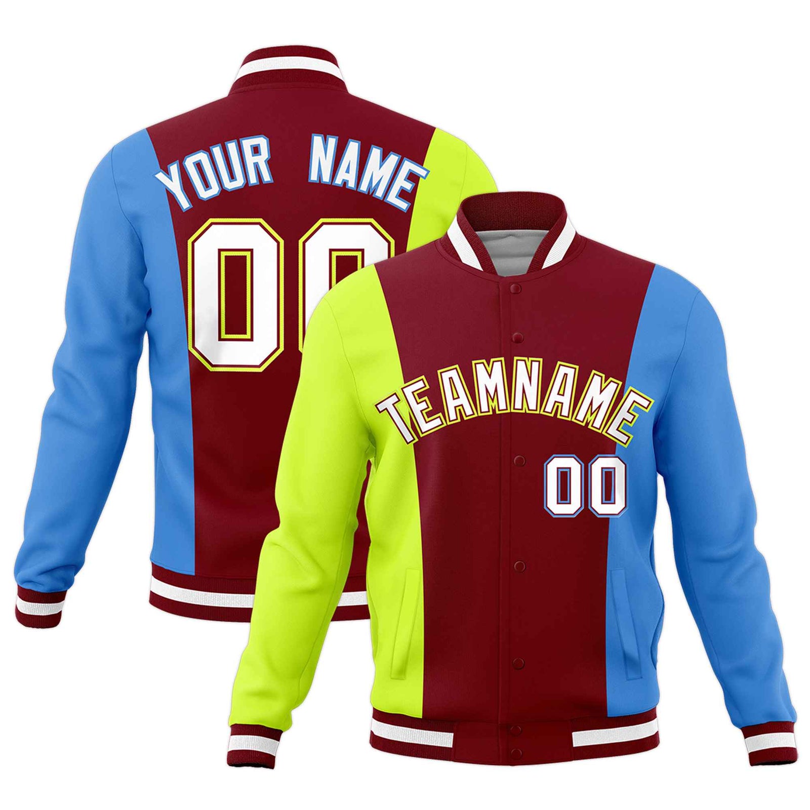 Custom Crimson Fluorescent Green Powder Blue Personalization Varsity Full-Snap Three Color Blocks Letterman Jacket
