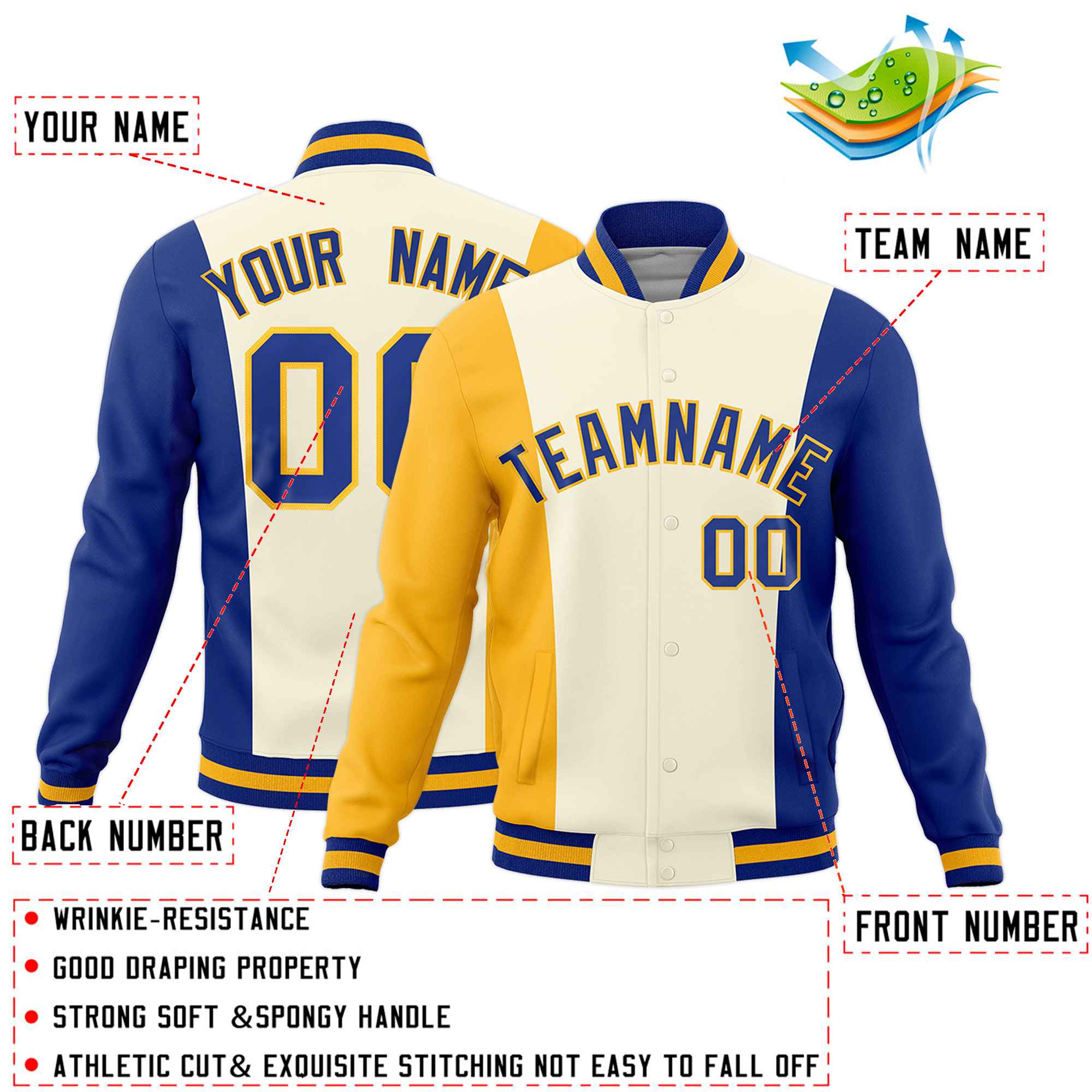 Custom Yellow Cream Royal Blue Personalization Varsity Full-Snap Three Color Blocks Letterman Jacket