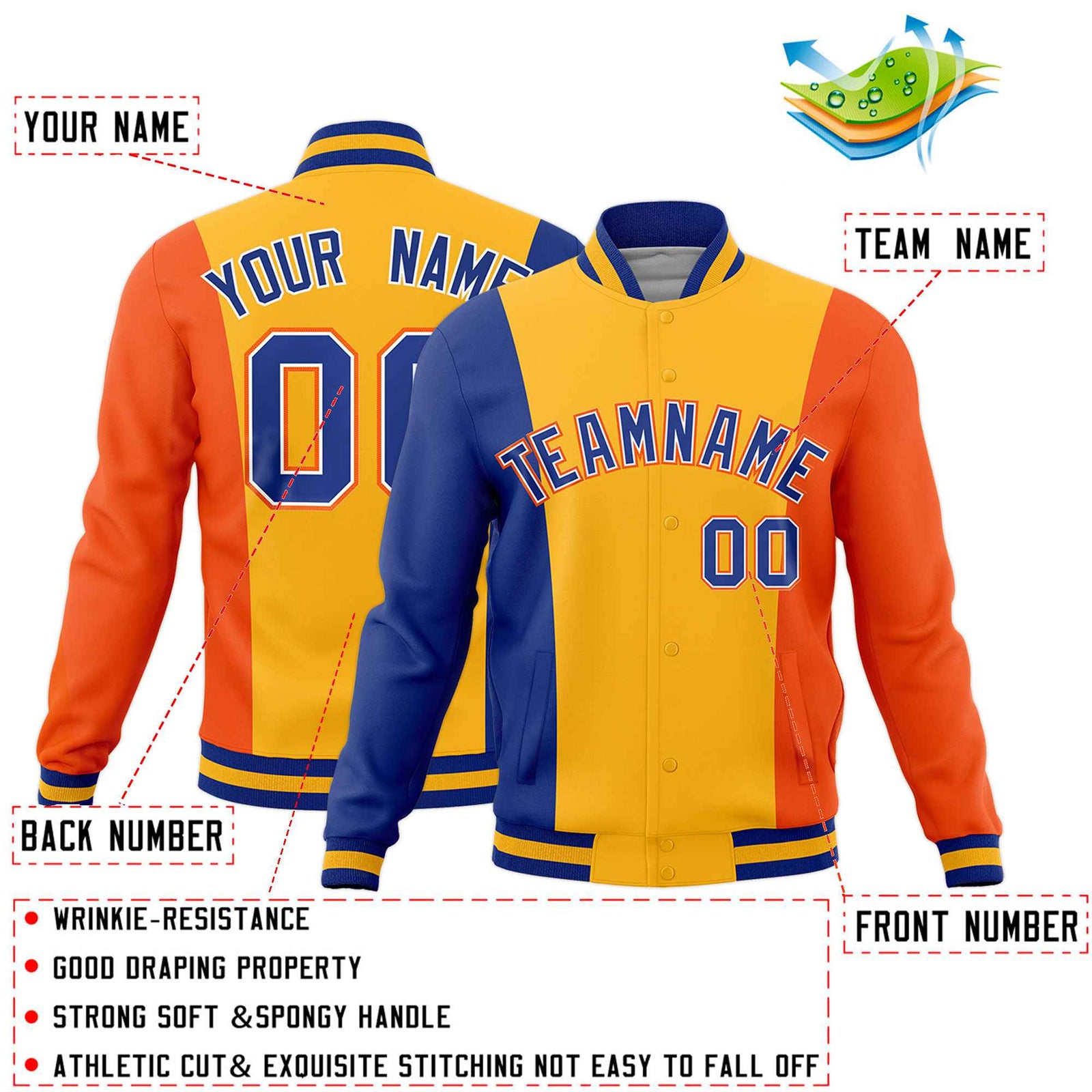 Custom Royal Blue Yellow Orange Personalization Varsity Full-Snap Three Color Blocks Letterman Jacket