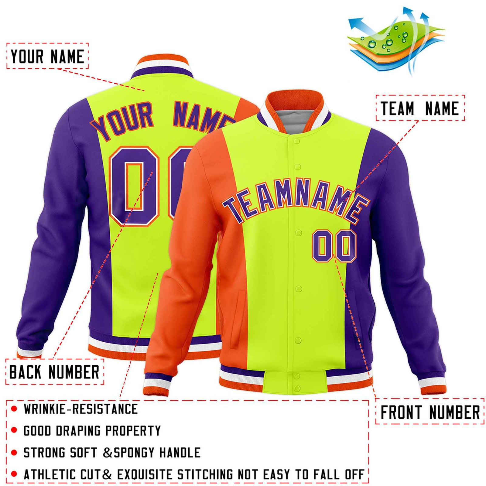 Custom Fluorescent Green Orange Purple Personalization Varsity Full-Snap Three Color Blocks Letterman Jacket