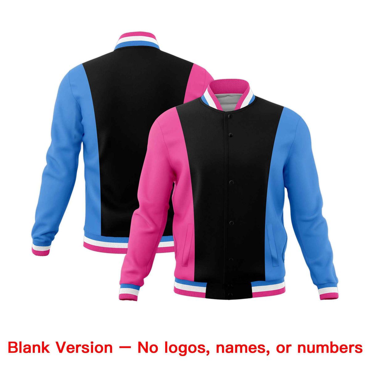 Custom Black Pink Powder Blue Personalization Varsity Full-Snap Three Color Blocks Letterman Jacket