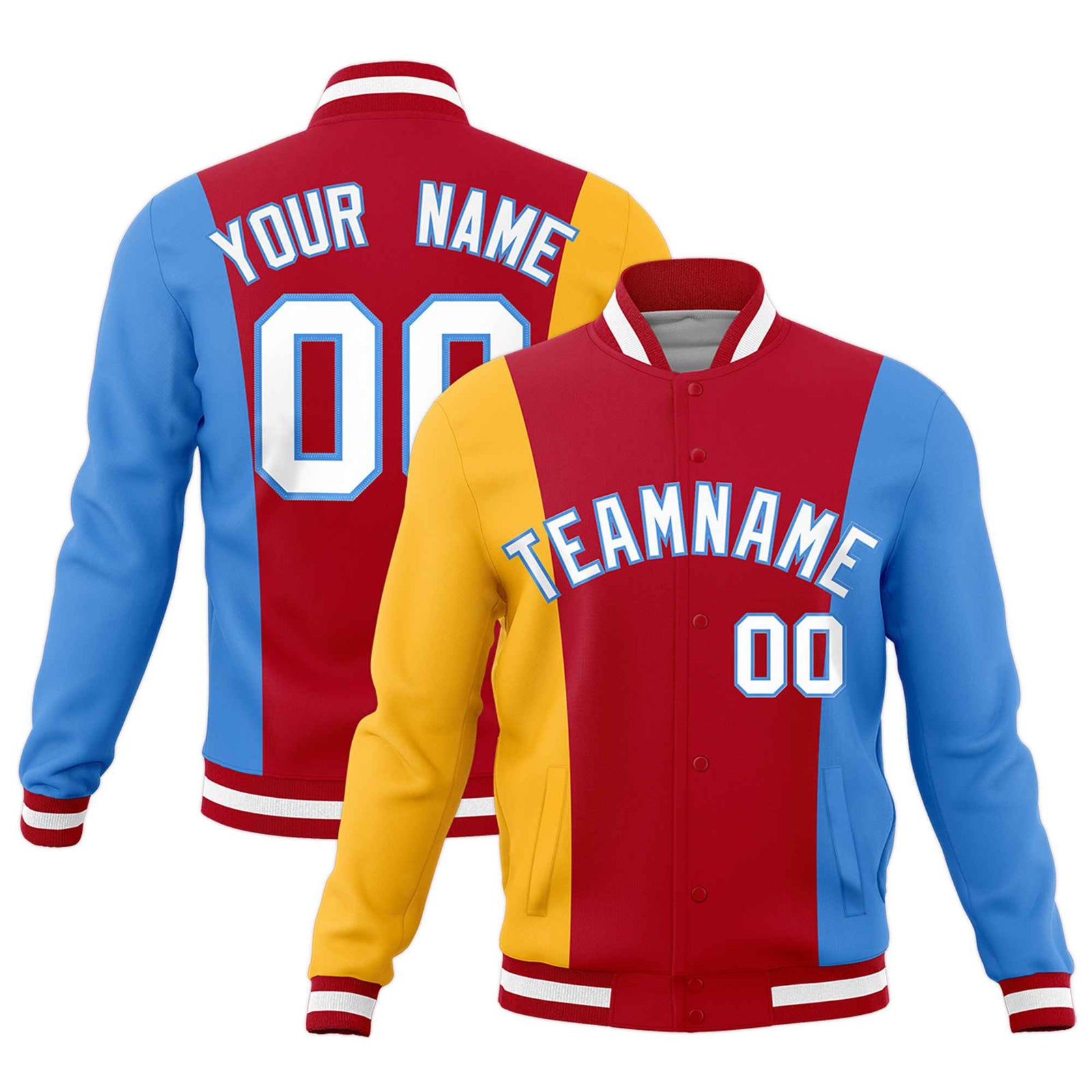 Custom Red Yellow Powder Blue Personalization Varsity Full-Snap Three Color Blocks Letterman Jacket