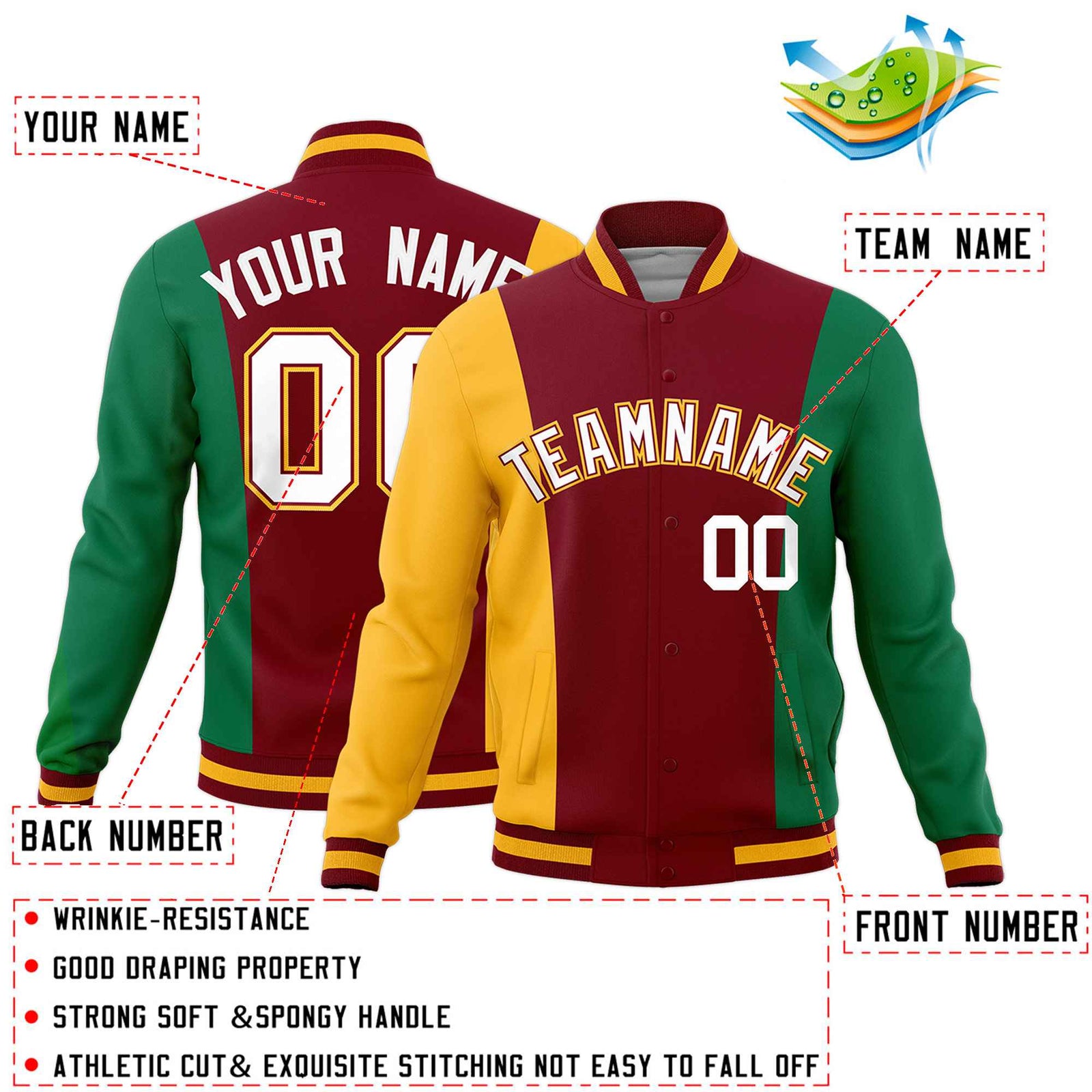 Custom Crimson Yellow Kelly Green Personalization Varsity Full-Snap Three Color Blocks Letterman Jacket