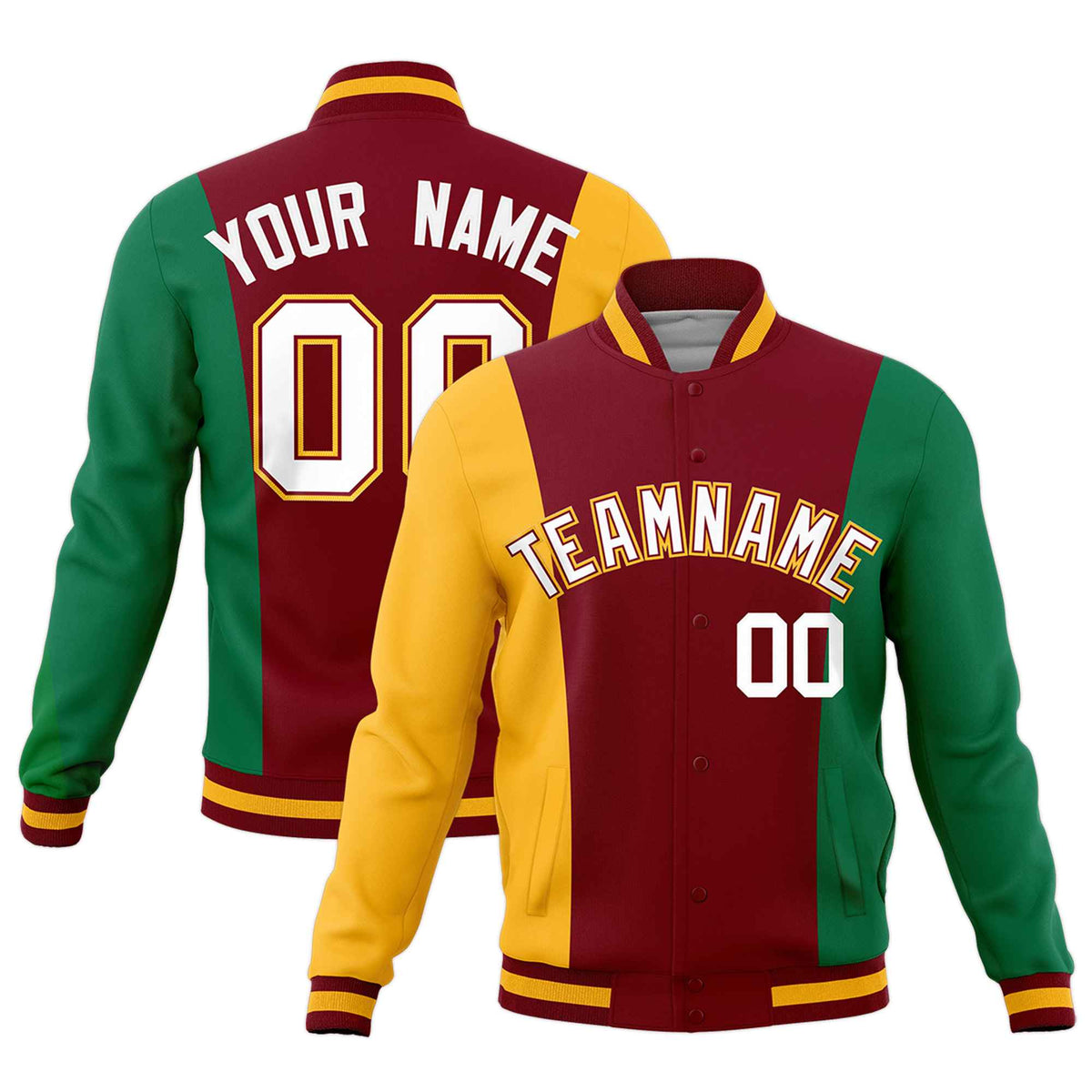Custom Crimson Yellow Kelly Green Personalization Varsity Full-Snap Three Color Blocks Letterman Jacket