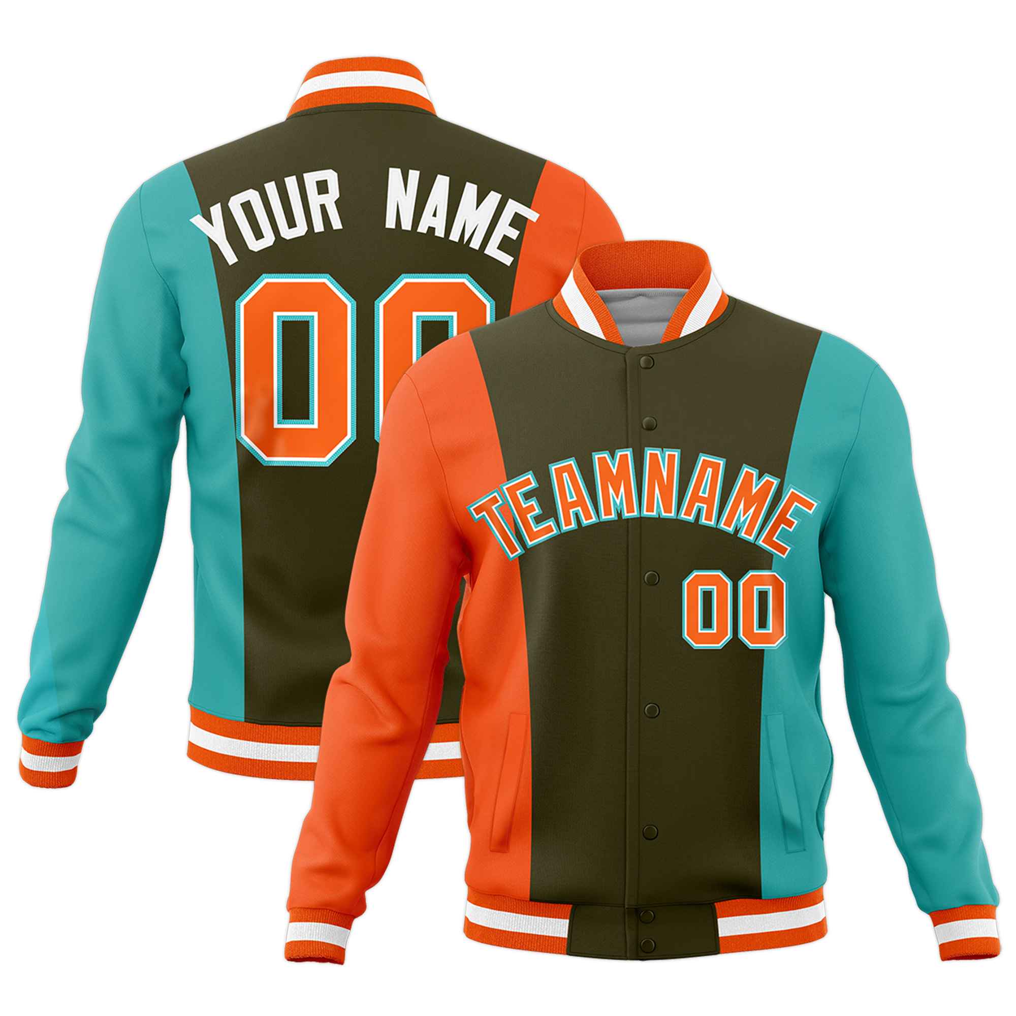 Custom Olive Orange Teal Personalization Varsity Full-Snap Three Color Blocks Letterman Jacket