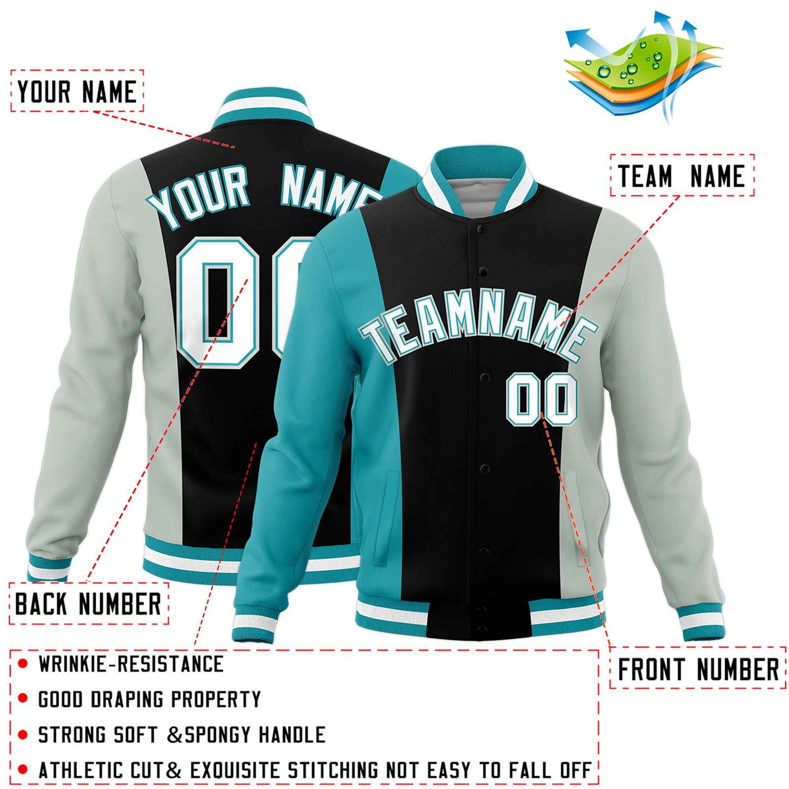 Custom Black Gray Aqua Personalization Varsity Full-Snap Three Color Blocks Letterman Jacket