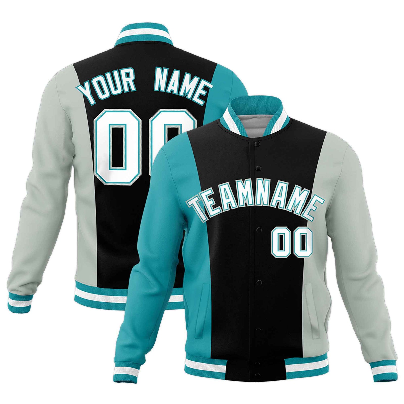 Custom Black Gray Aqua Personalization Varsity Full-Snap Three Color Blocks Letterman Jacket