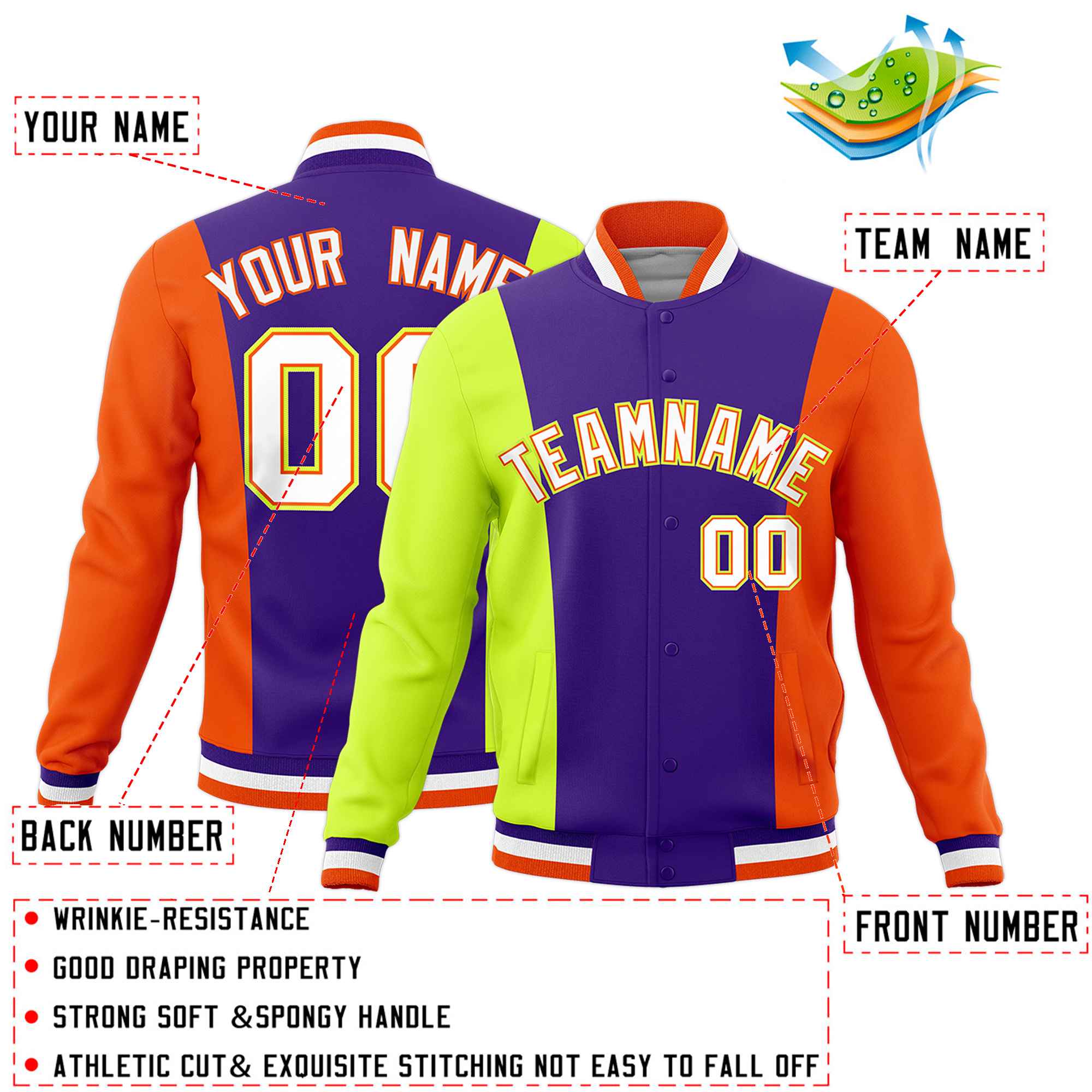 Custom Purple Fluorescent Green Yellow Personalization Varsity Full-Snap Three Color Blocks Letterman Jacket