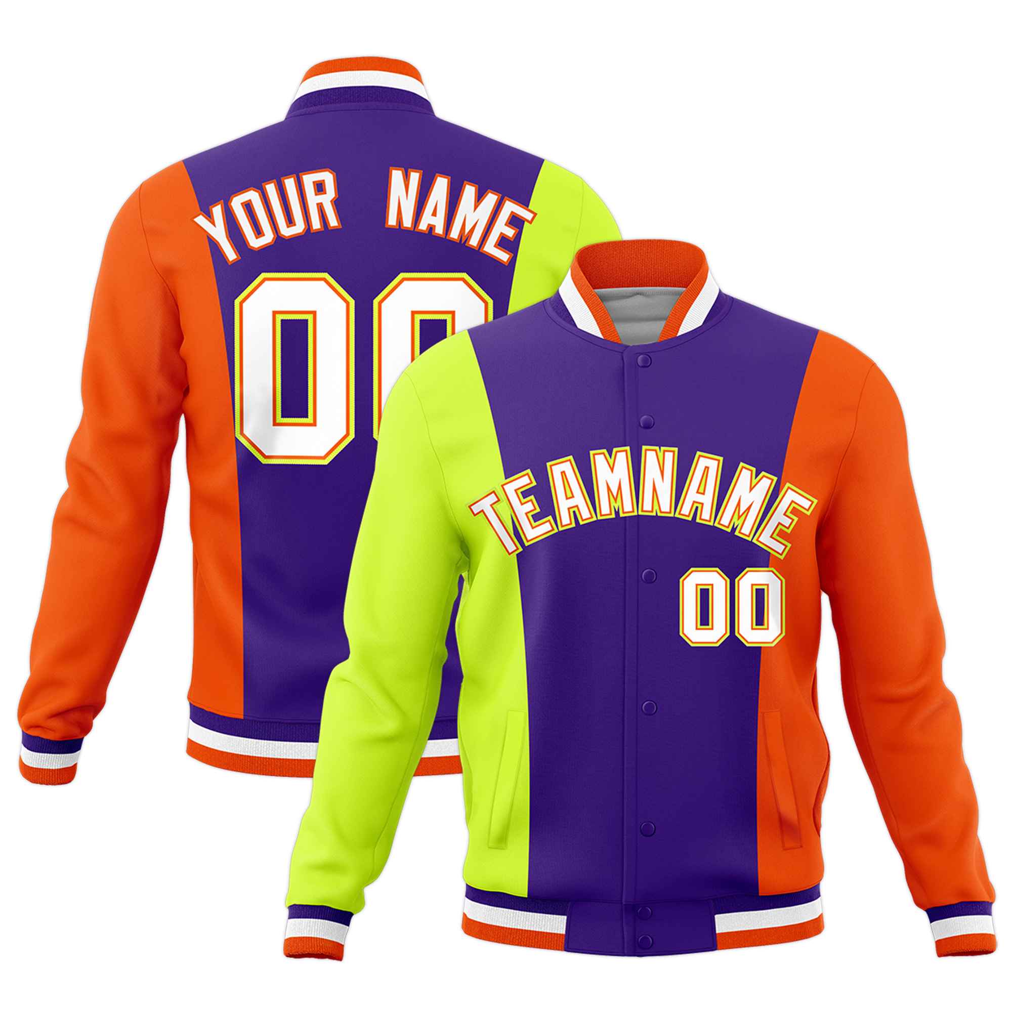 Custom Purple Fluorescent Green Yellow Personalization Varsity Full-Snap Three Color Blocks Letterman Jacket