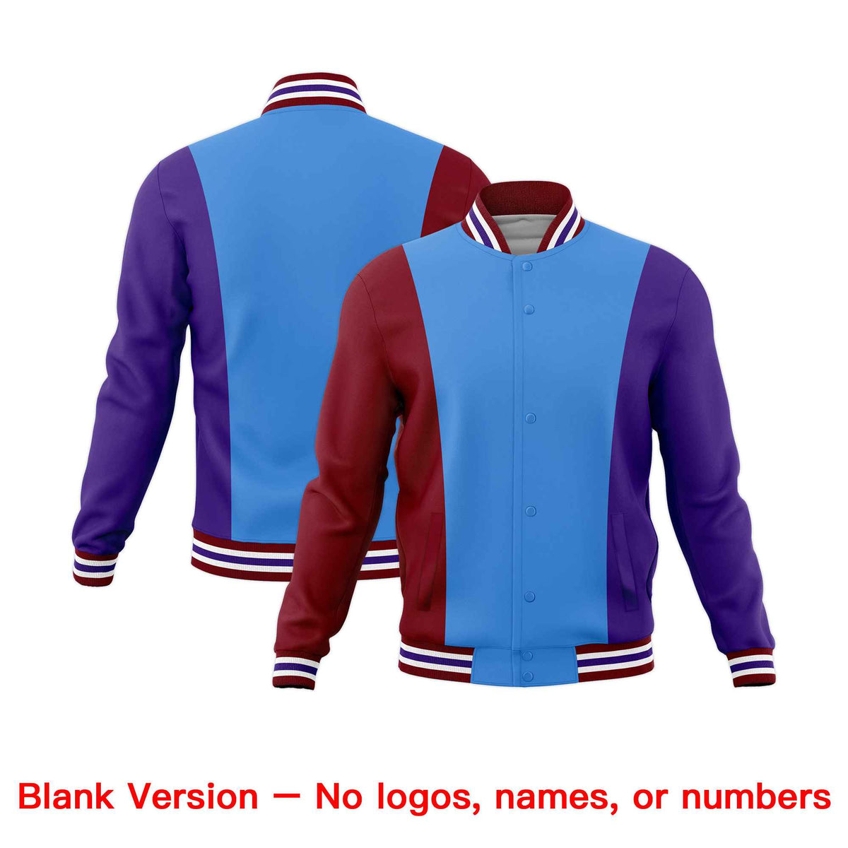 Custom Powder Blue Crimson Purple Personalization Varsity Full-Snap Three Color Blocks Letterman Jacket