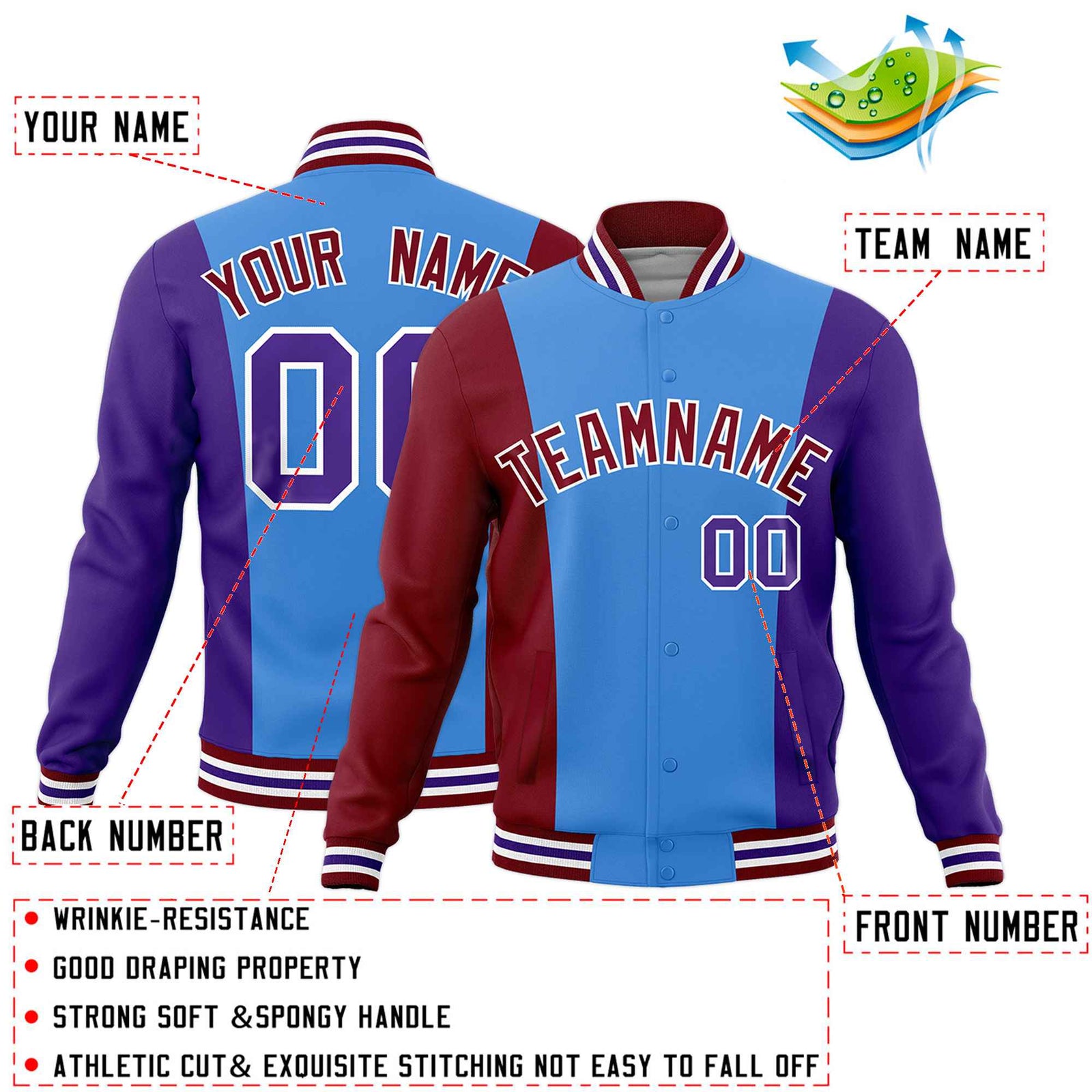 Custom Powder Blue Crimson Purple Personalization Varsity Full-Snap Three Color Blocks Letterman Jacket